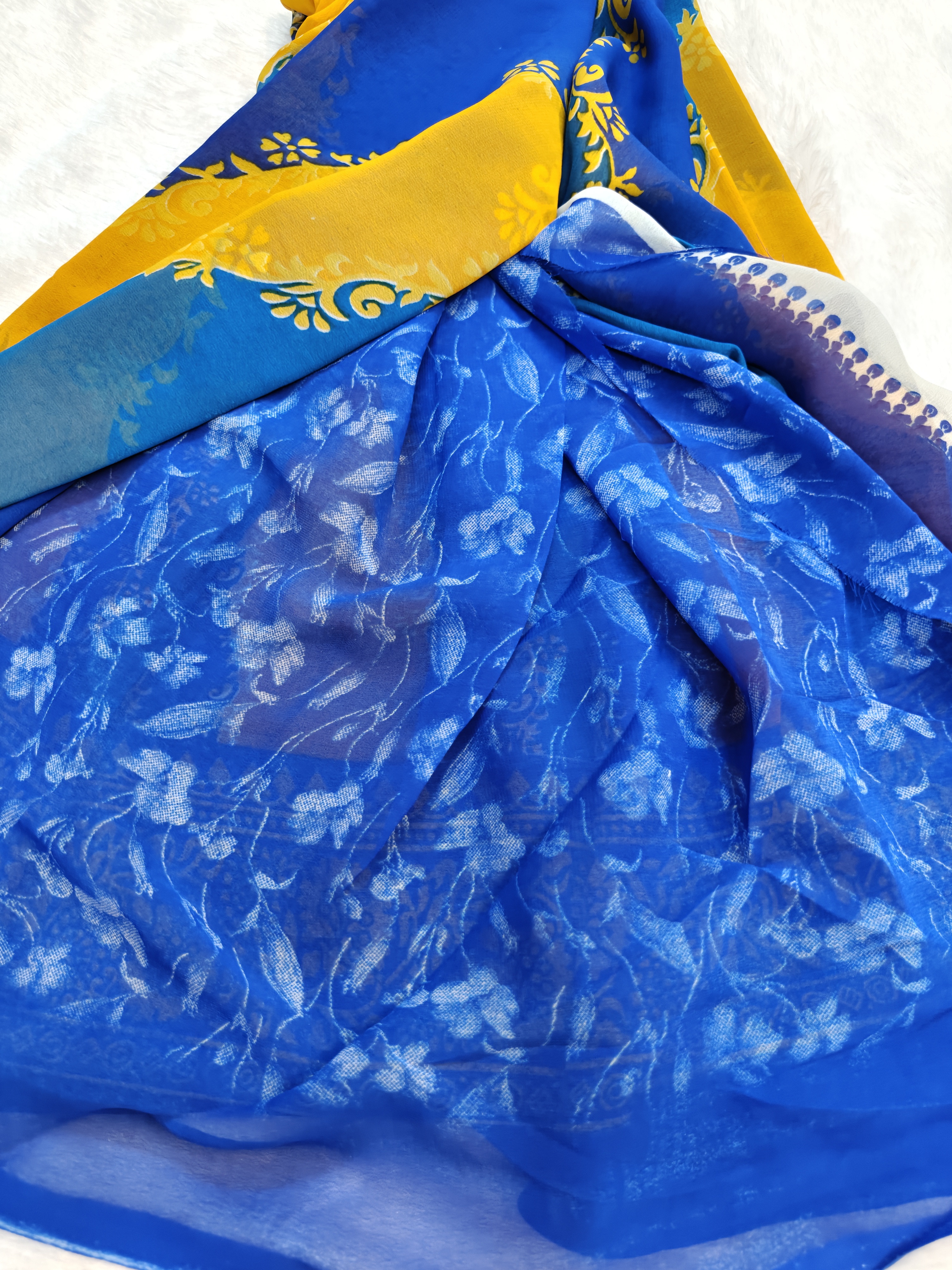 💙💛 Royal Blue & Mustard Yellow Printed Georgette Saree | Everyday Elegance