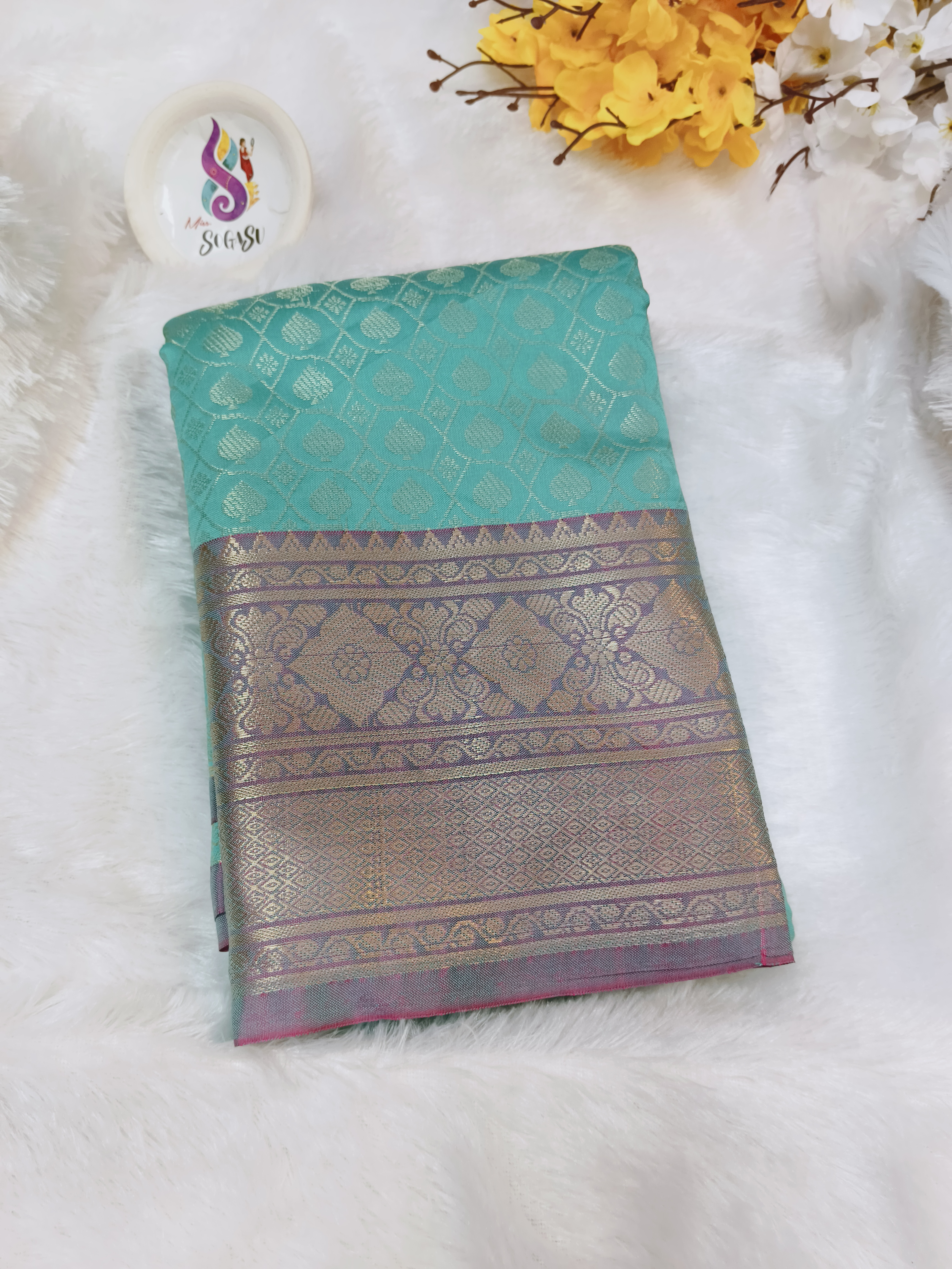 Aqua Blue Contrast Fancy Pattu Saree