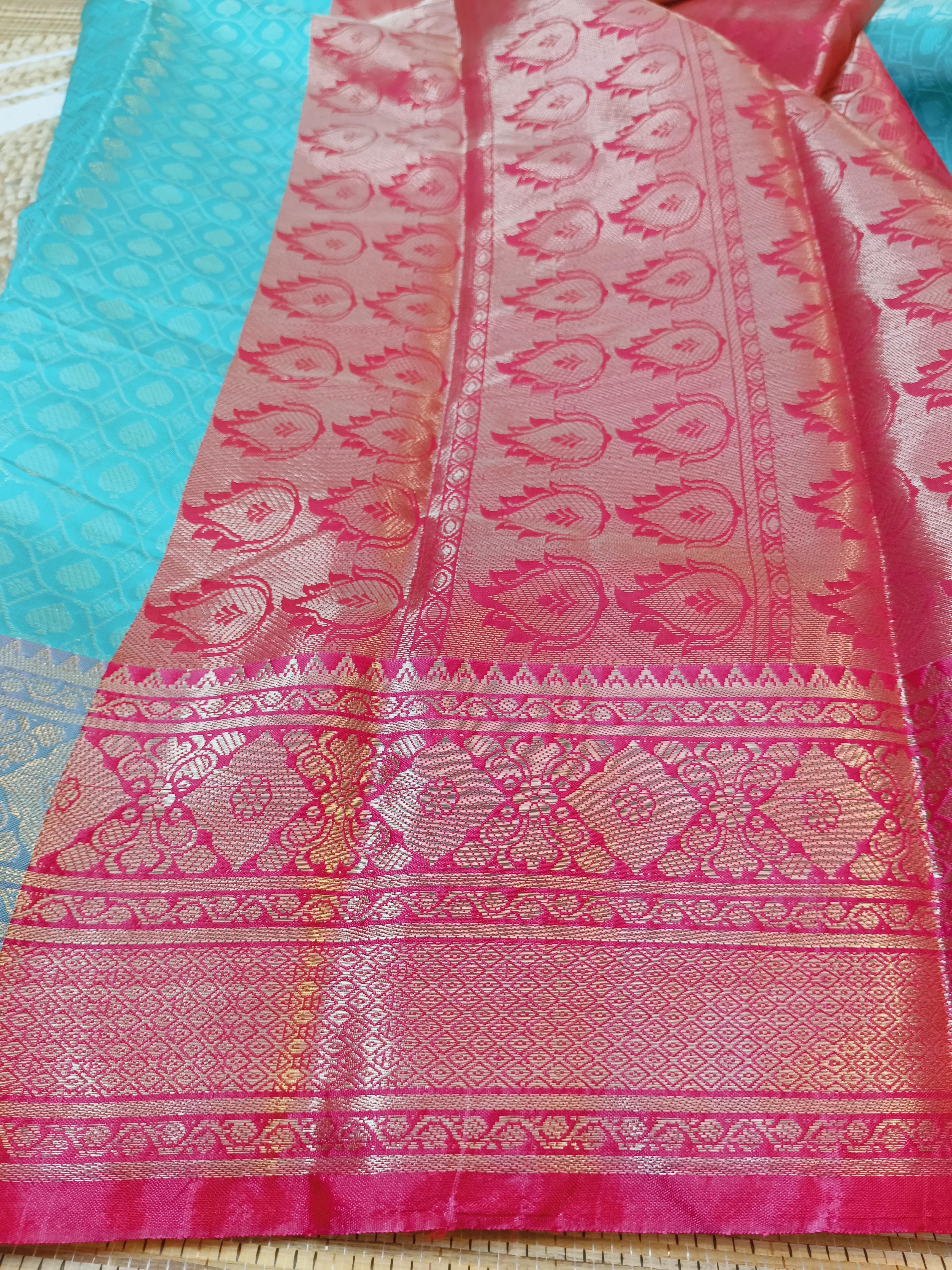 Aqua Blue Contrast Fancy Pattu Saree hover