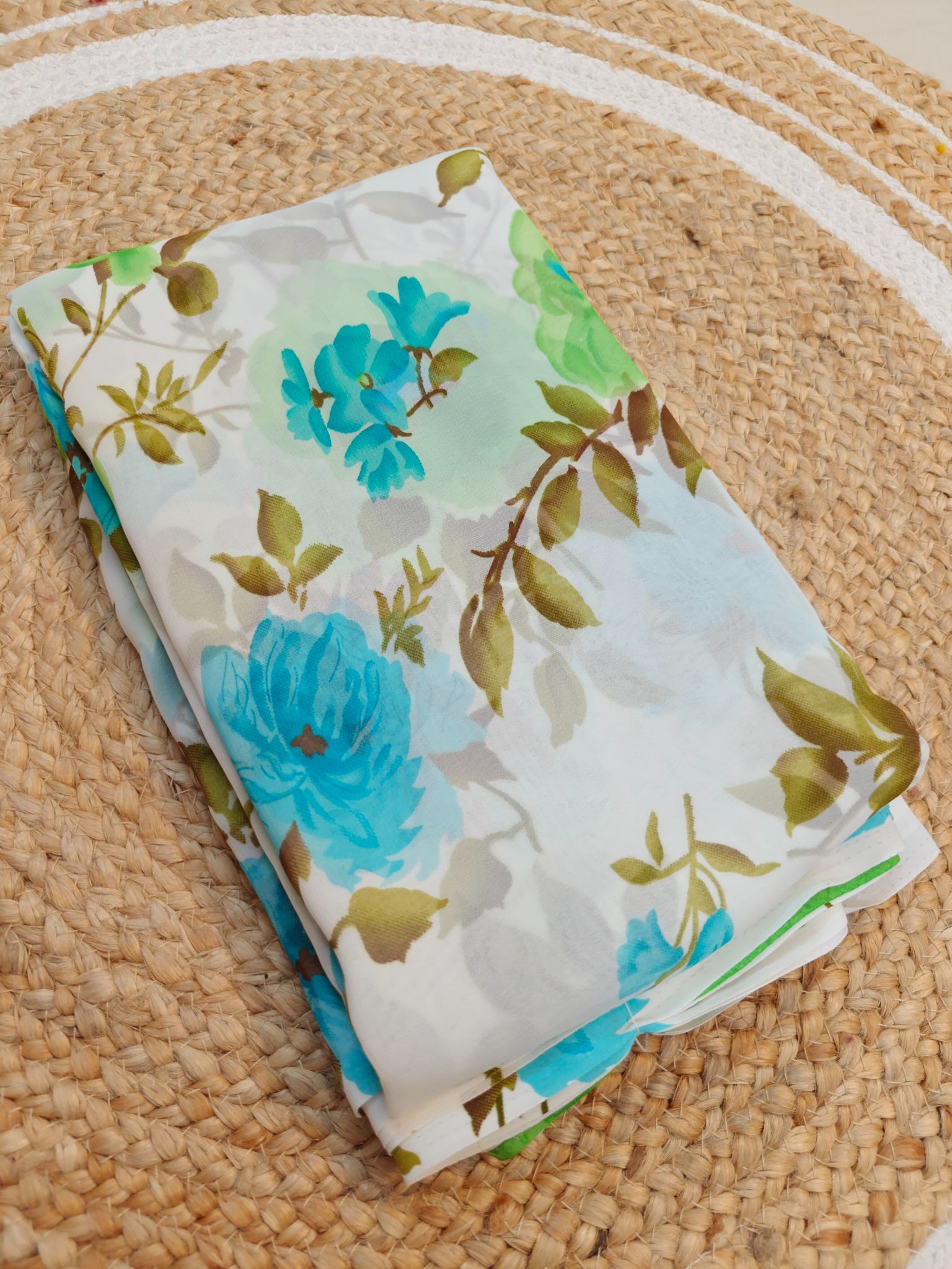 Aqua Blue Floral Print Junnumukka Saree