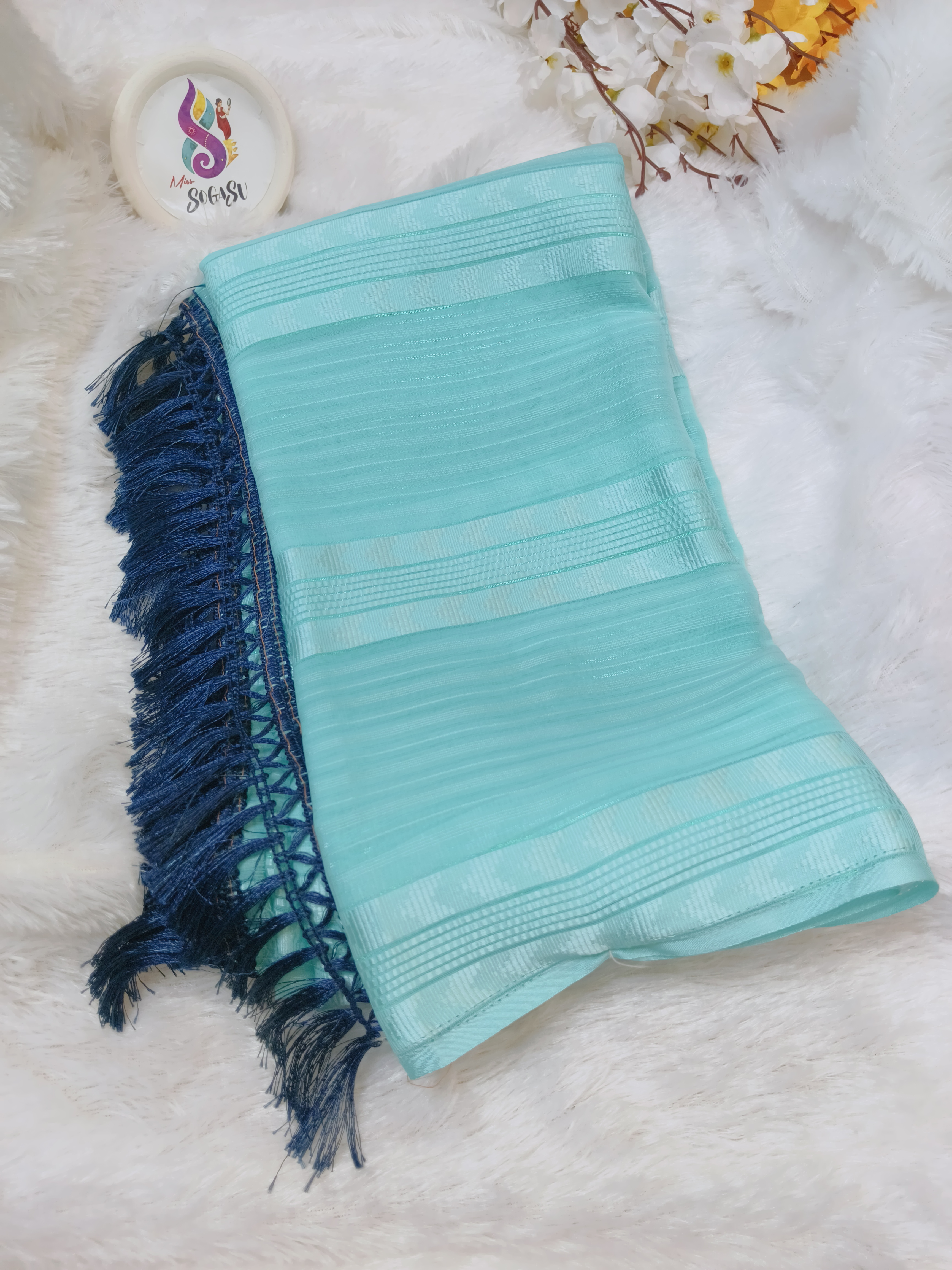 Aqua Blue Georgette Saree with Multicolor Embroidered Blouse and Hip Belt