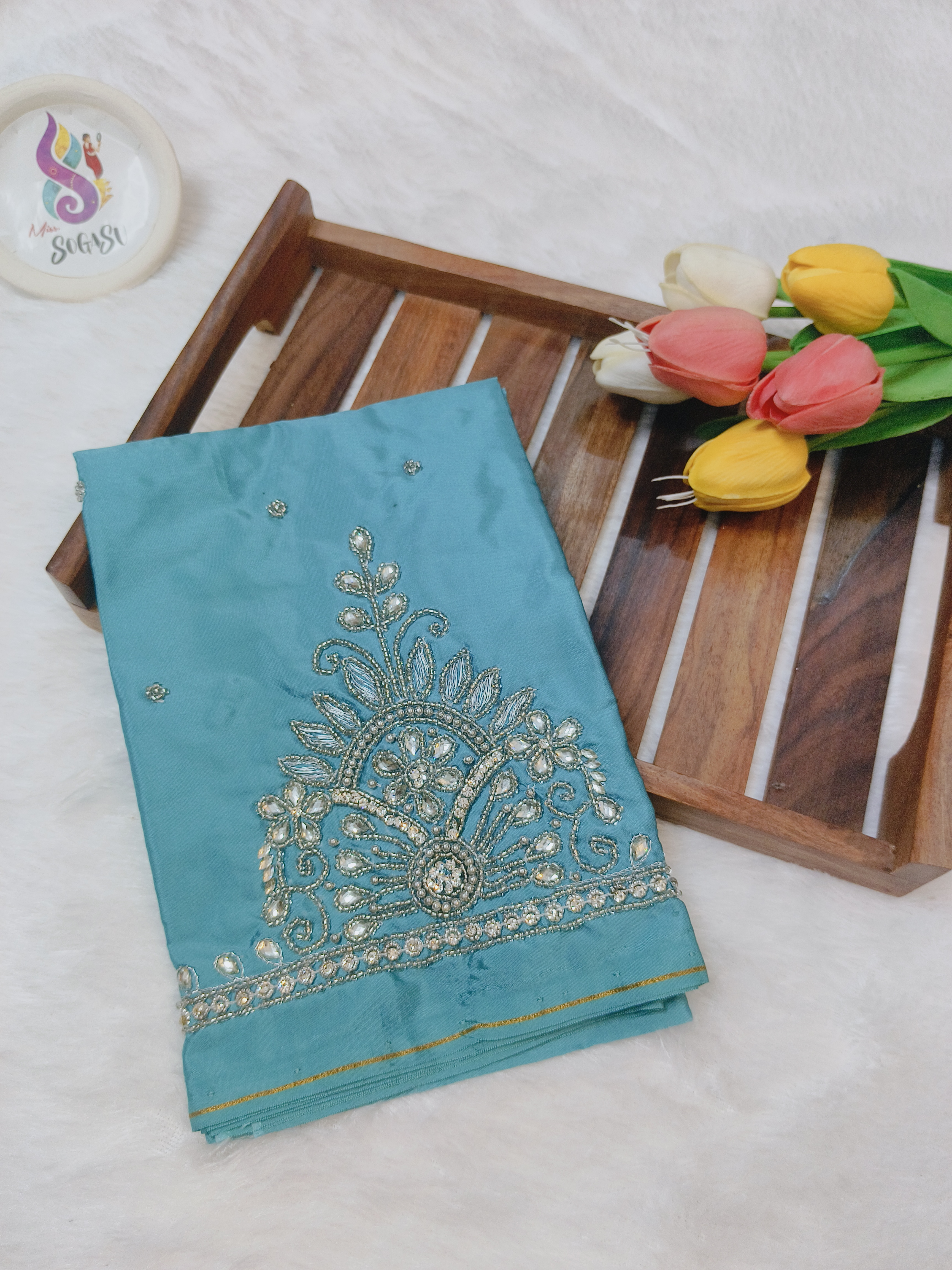 Aqua Blue Stone Work Maggam Blouse