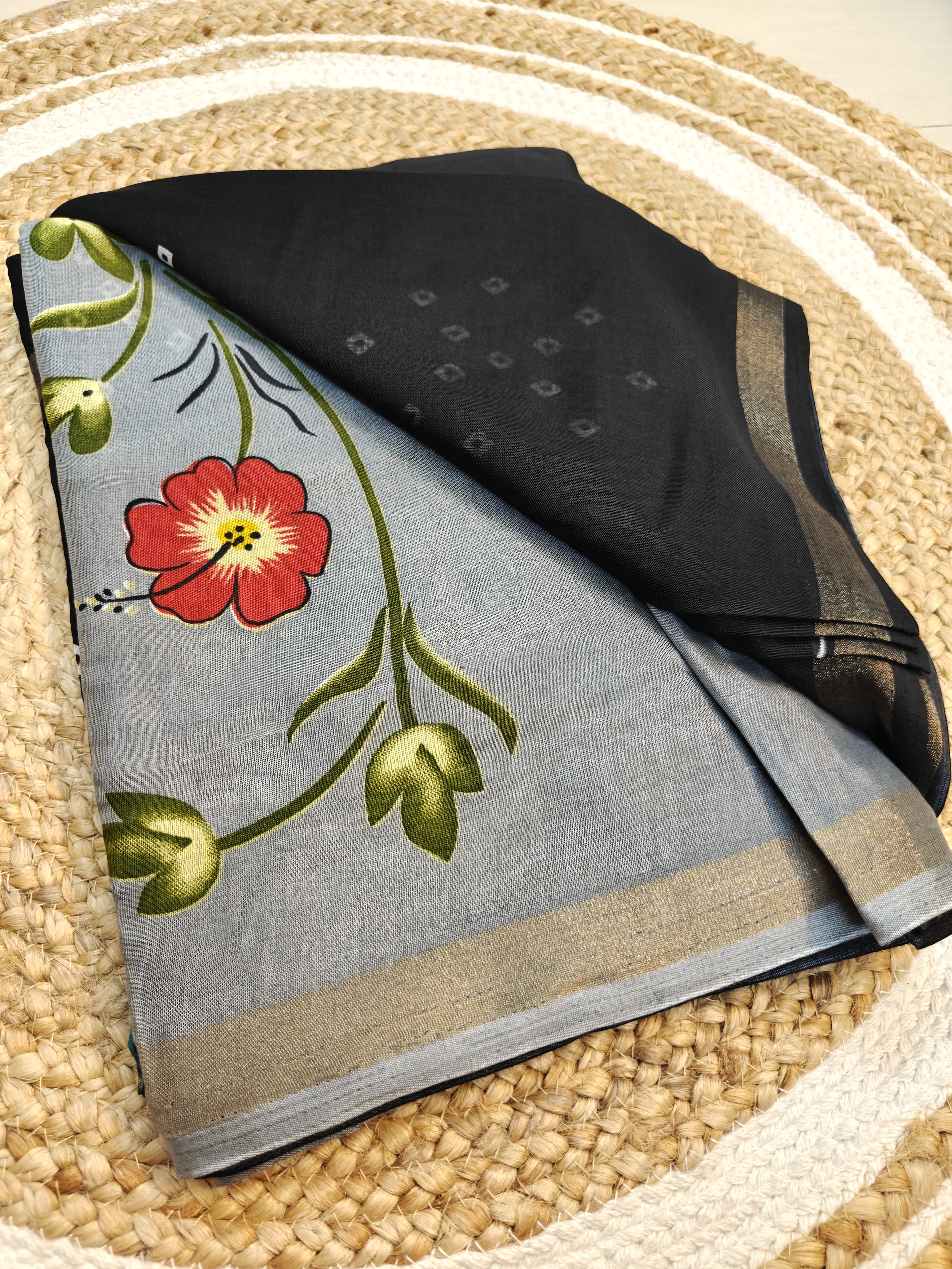 Black Maheshwari Silk Saree with Elegant Digital Floral Print