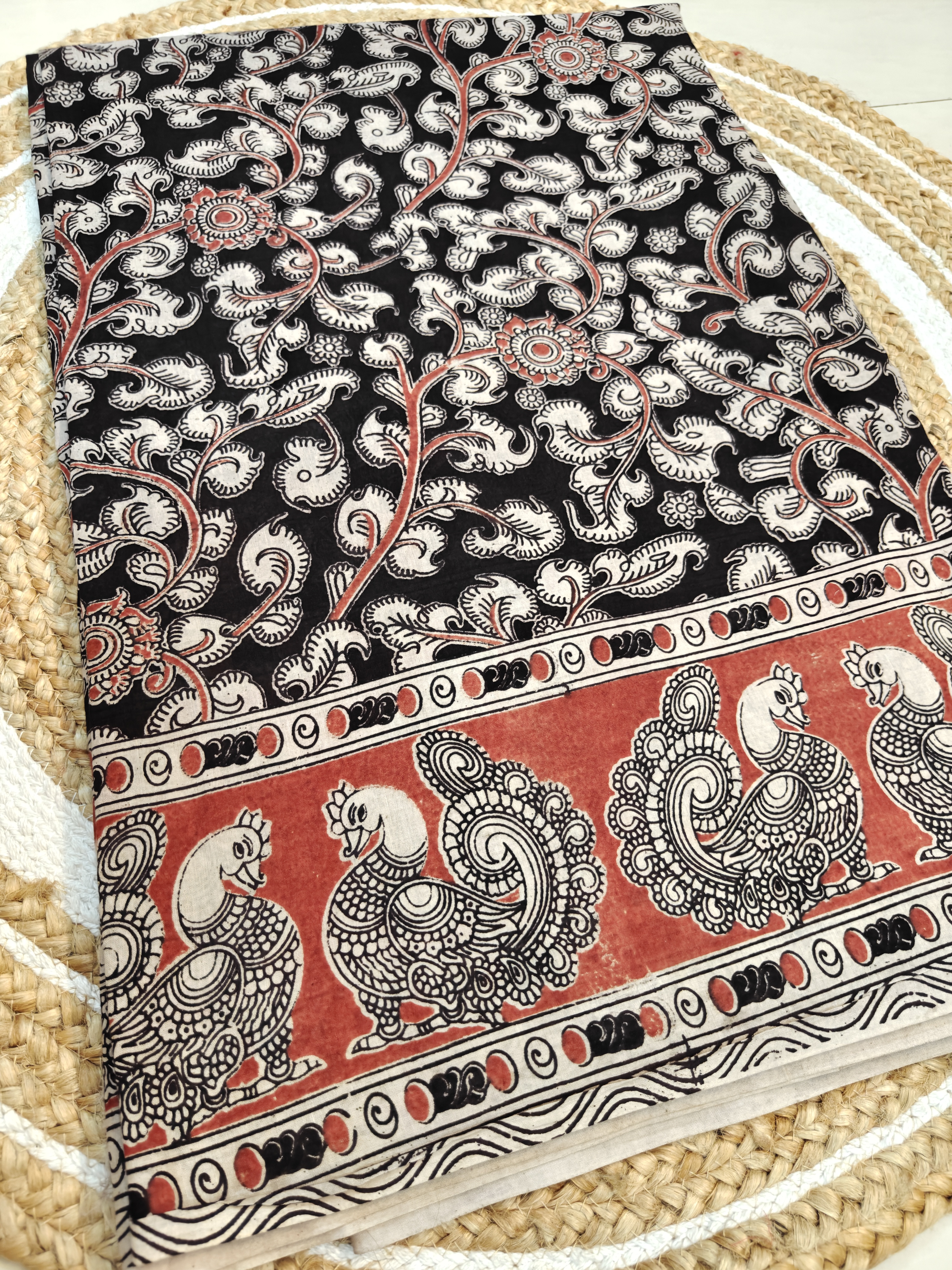 Black Peacock Kalamkari Saree – Elegant Floral Heritage Print