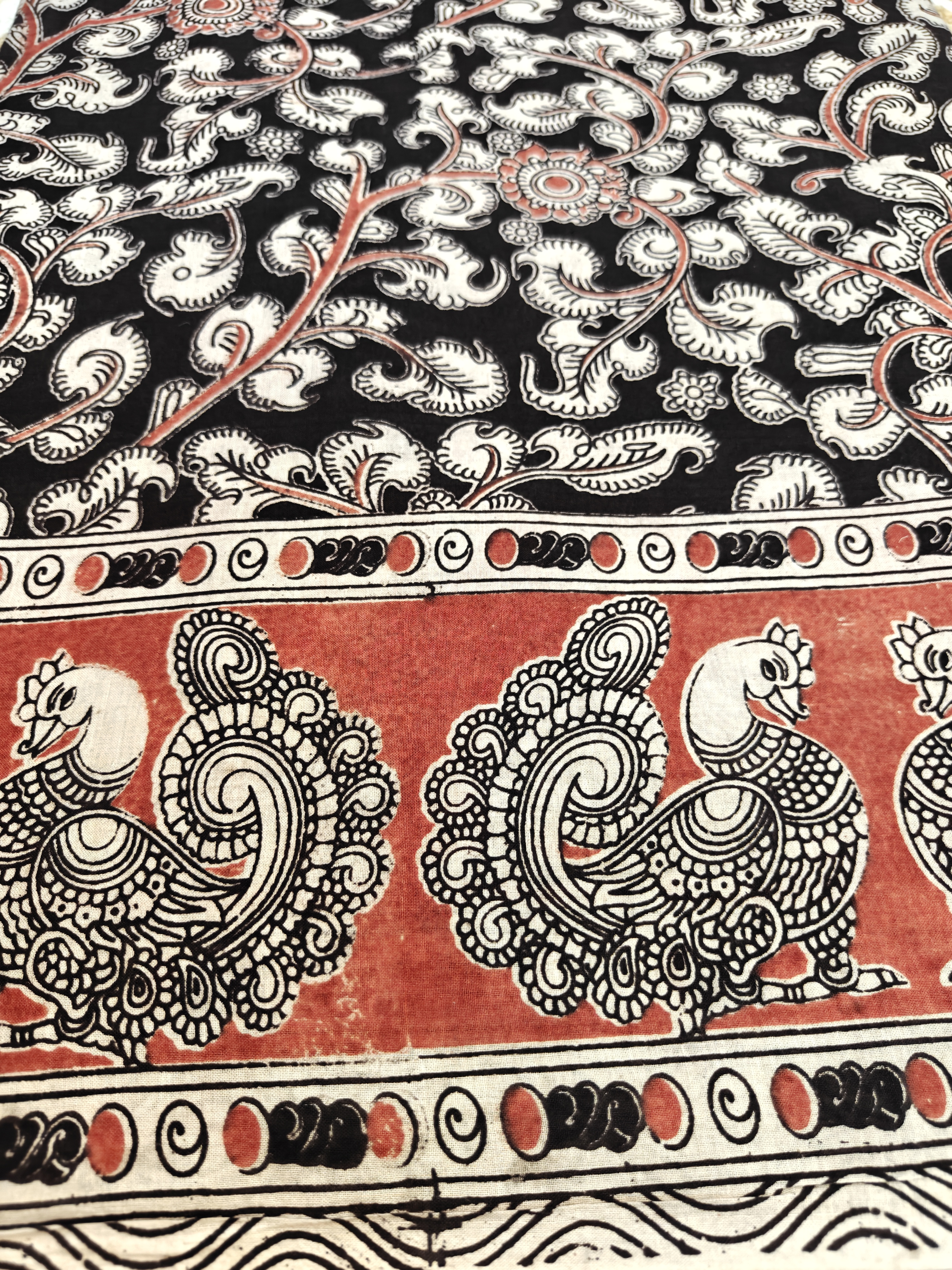 Black Peacock Kalamkari Saree – Elegant Floral Heritage Print