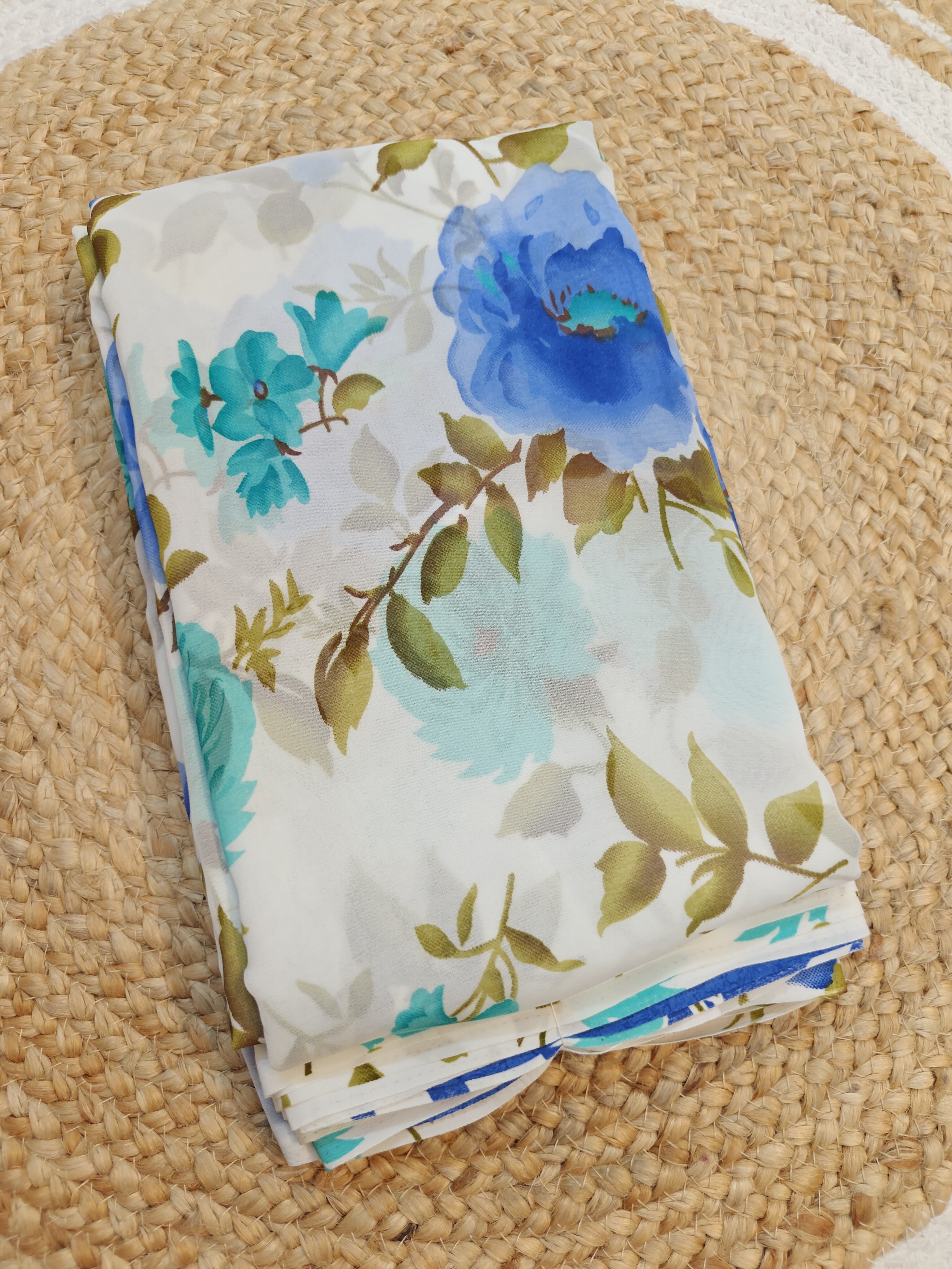 Blue & Aqua Floral Print Junnumukka Saree