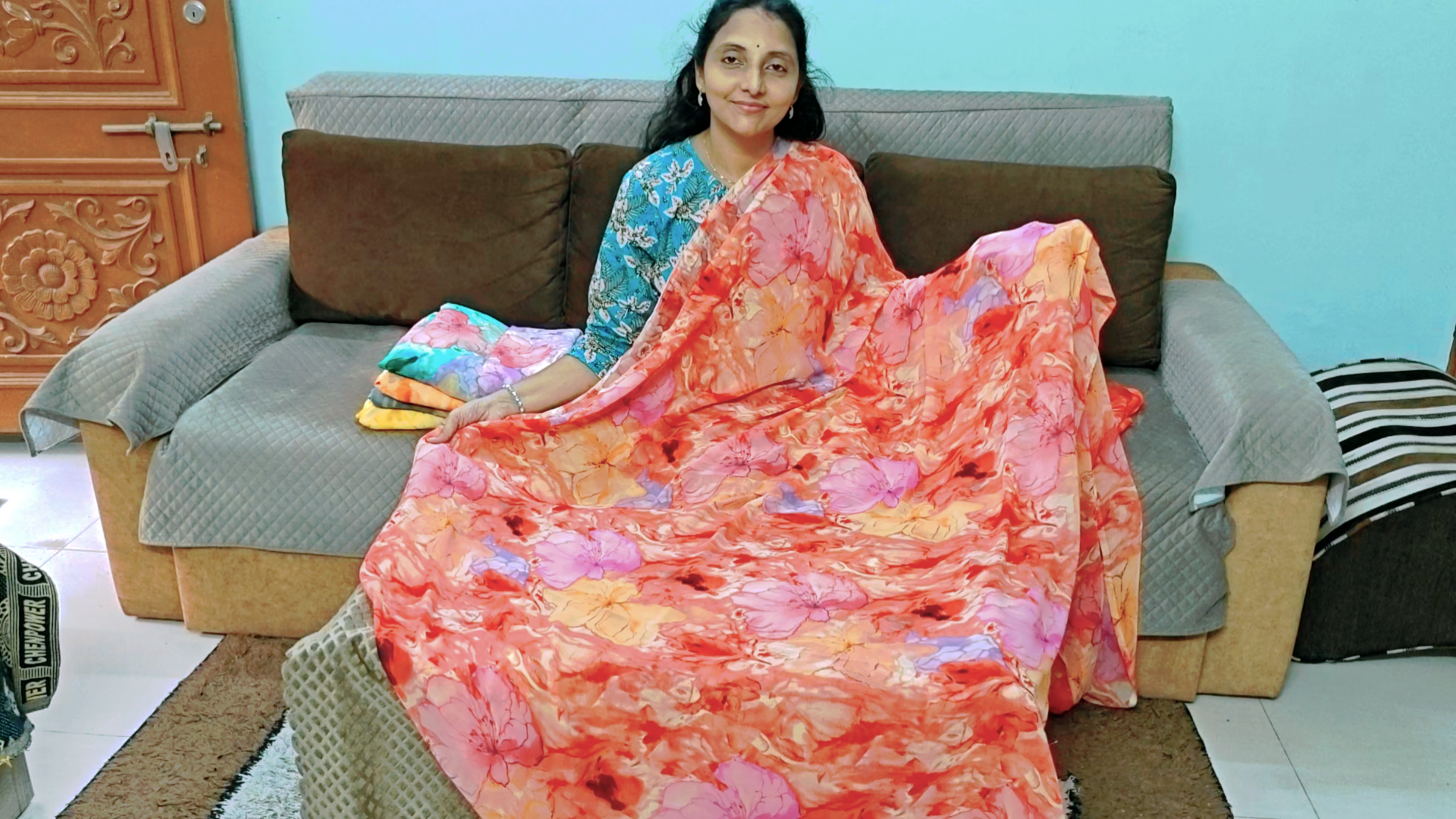 Coral Orange Junnumukka Saree hover