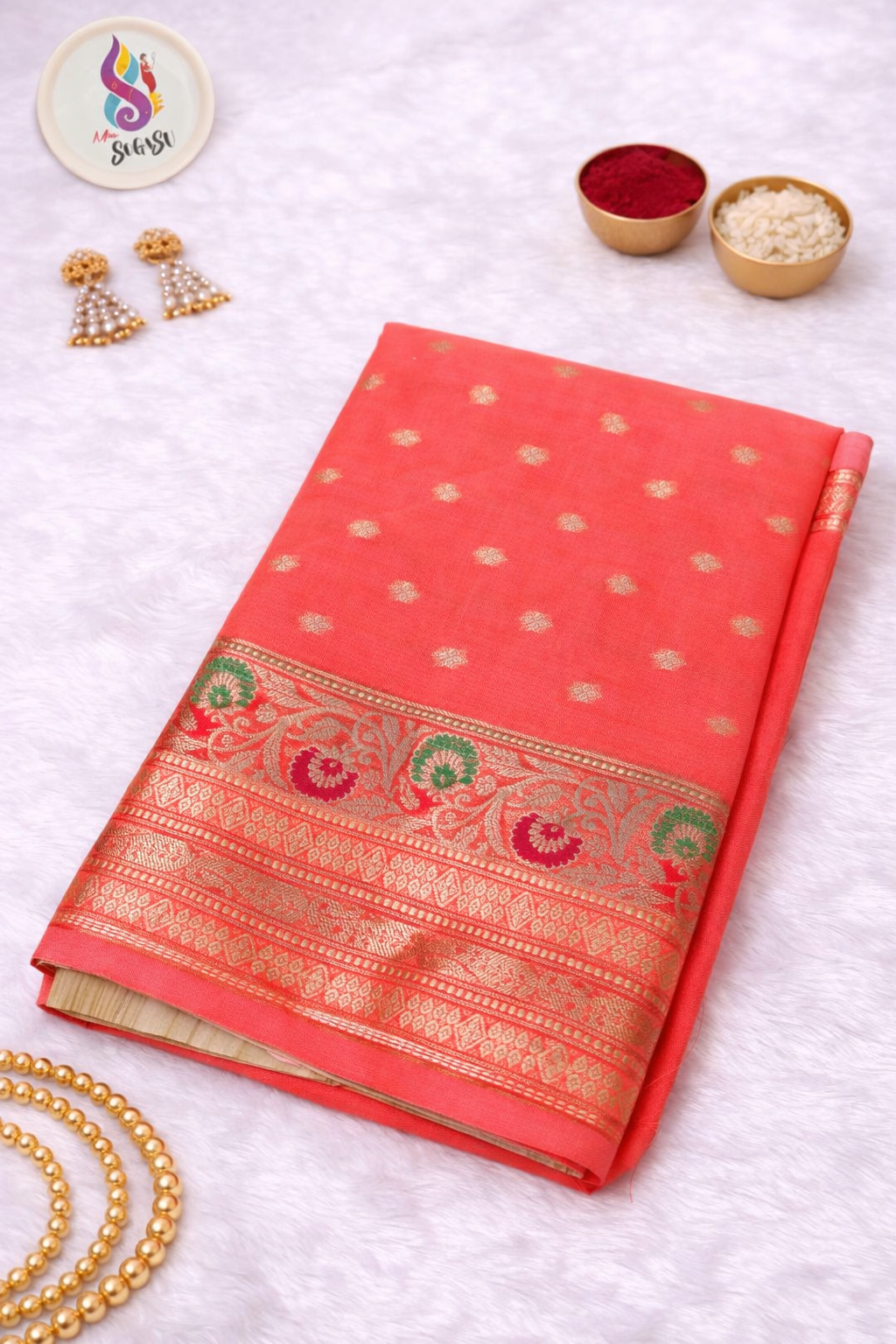 Coral Pink Banaras saree