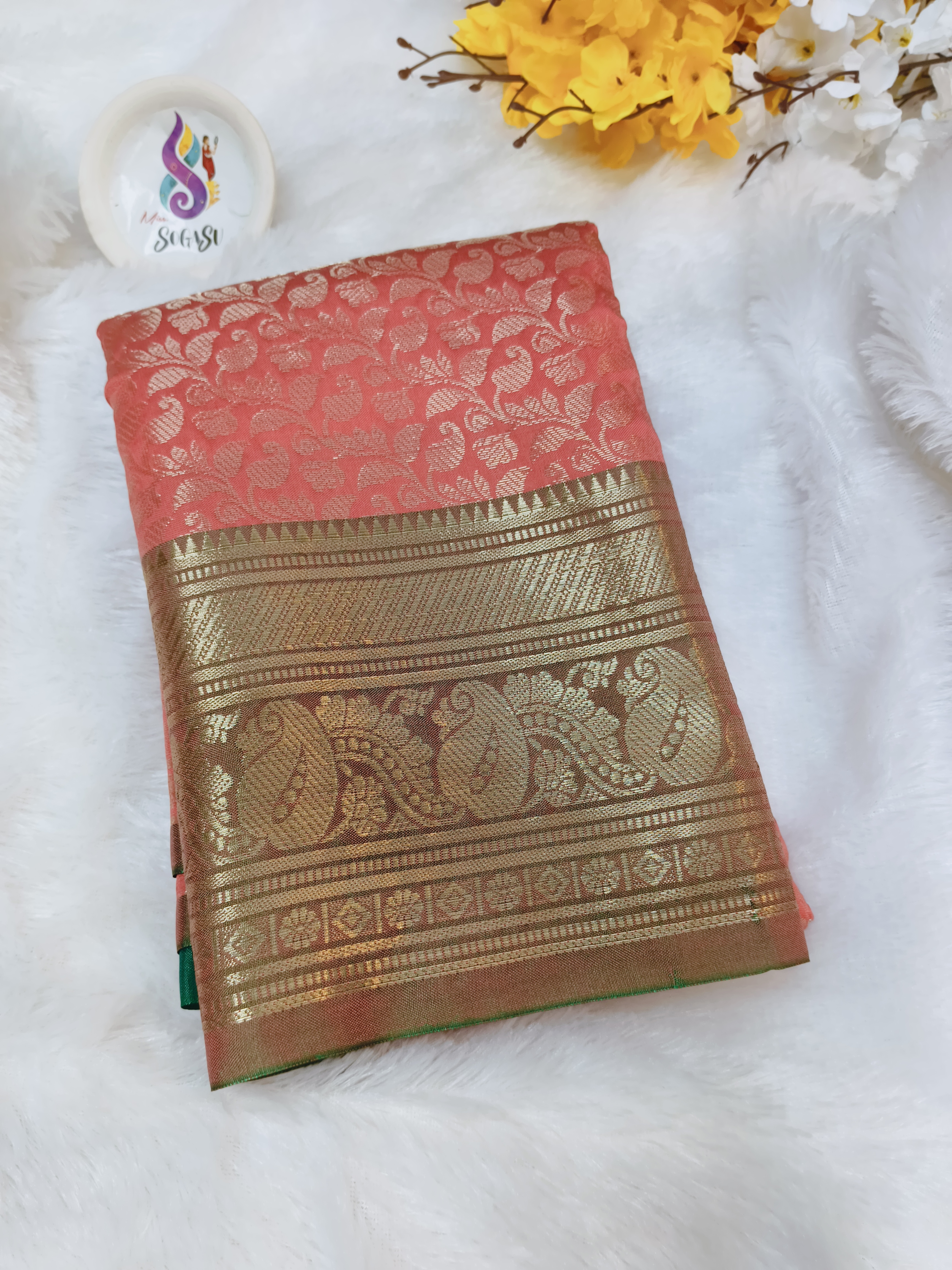 Coral Pink Zari Weave Fancy Pattu Saree