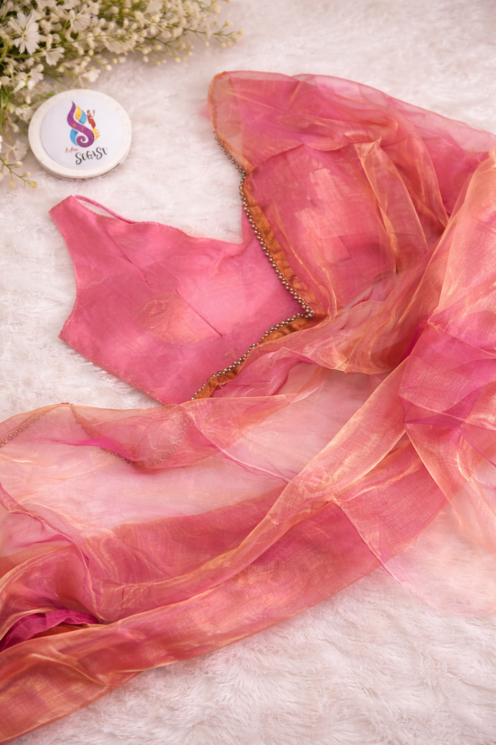 Dual Tone Organza Saree with Designer Blouse – Peach Pink