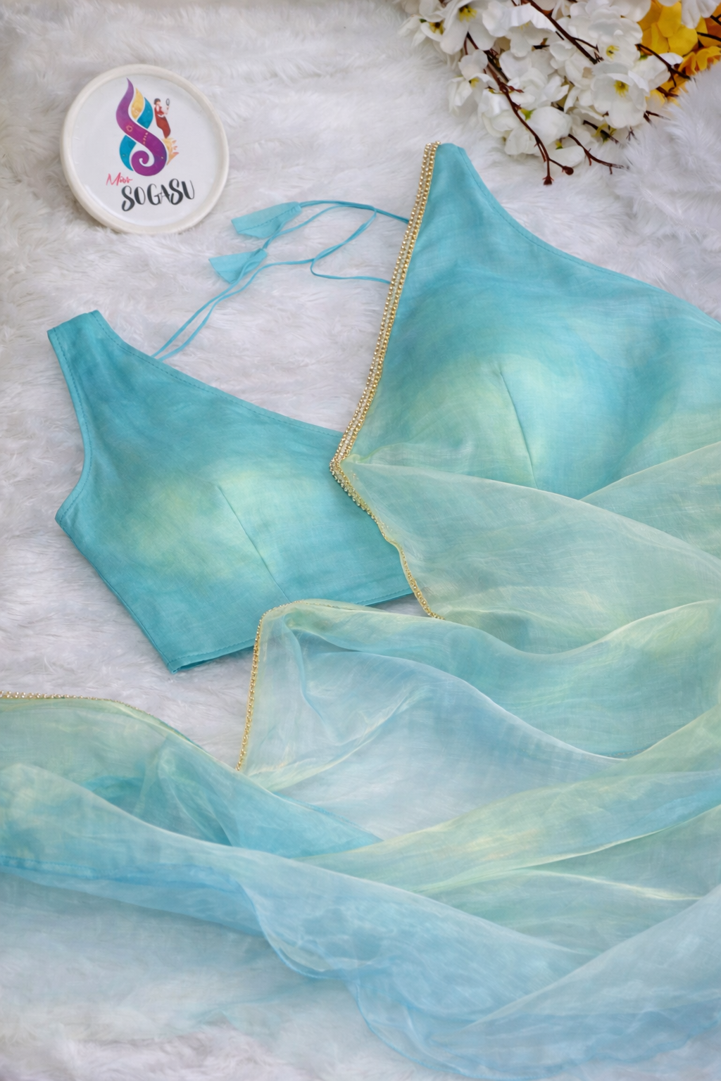 Dual Tone Organza Saree with Plain Designer Blouse – Aqua Blue