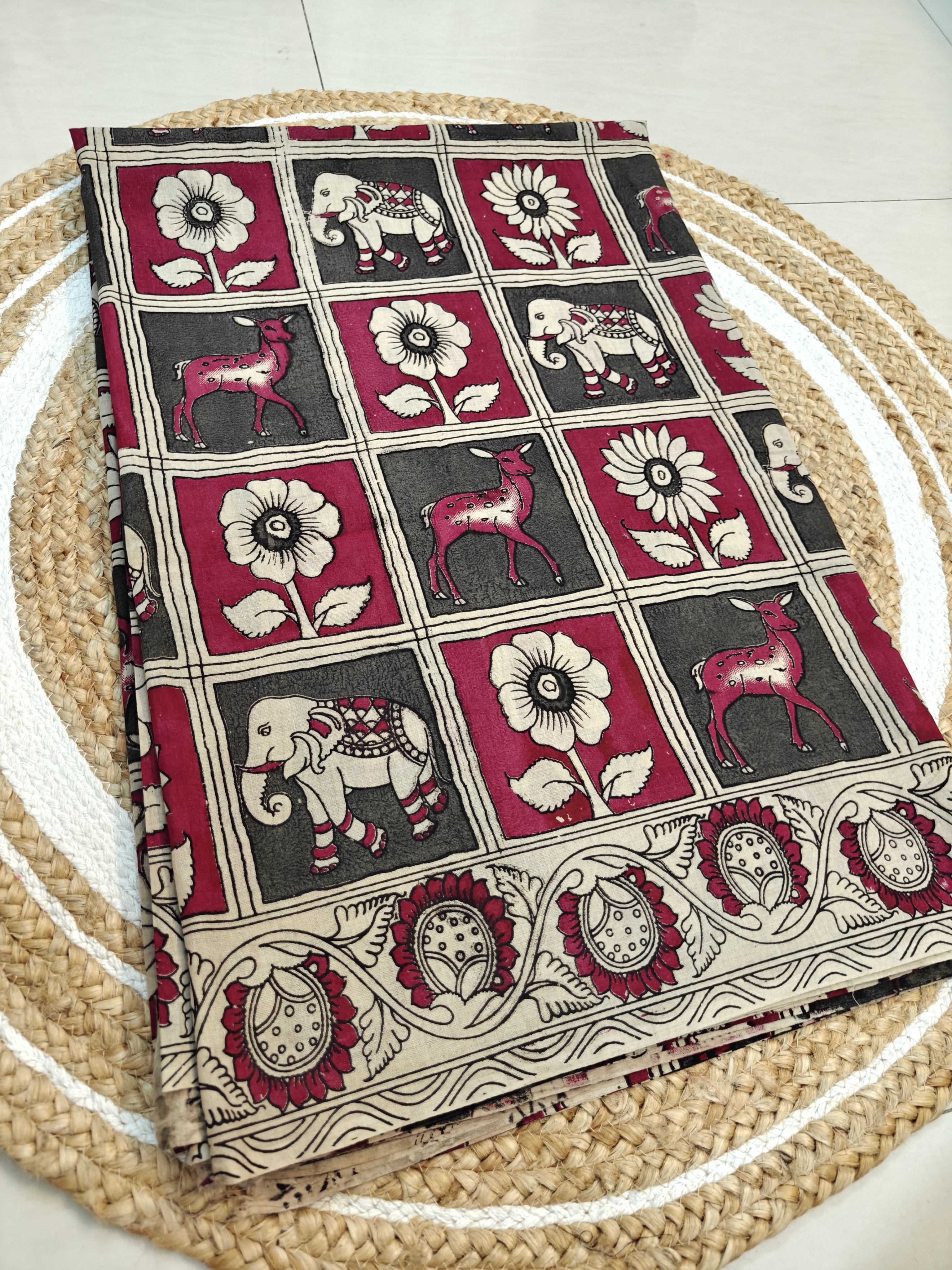 Elegant Kalamkari Printed Saree – Elephant & Floral Heritage Design