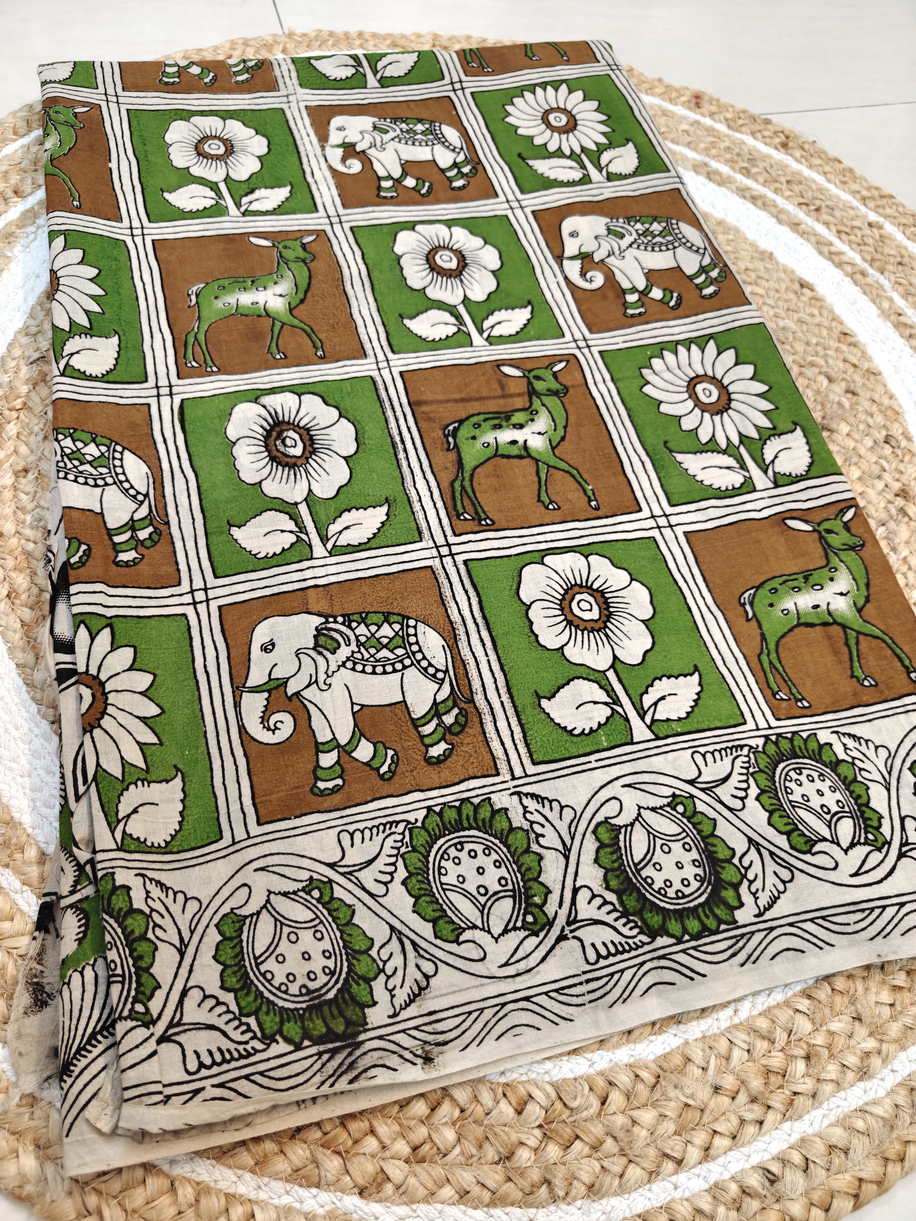 Green Elephant & Deer Motif kalamkari saree