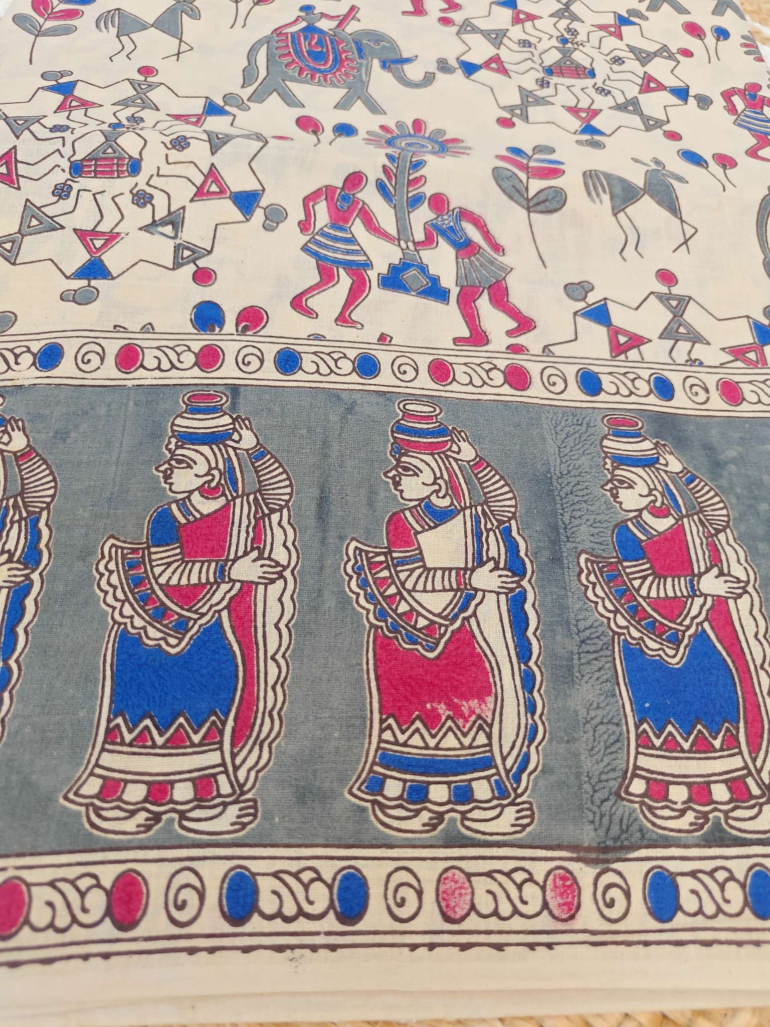 Grey Tribal Art Kalamkari Saree with Folk Dance & Village Life Print
