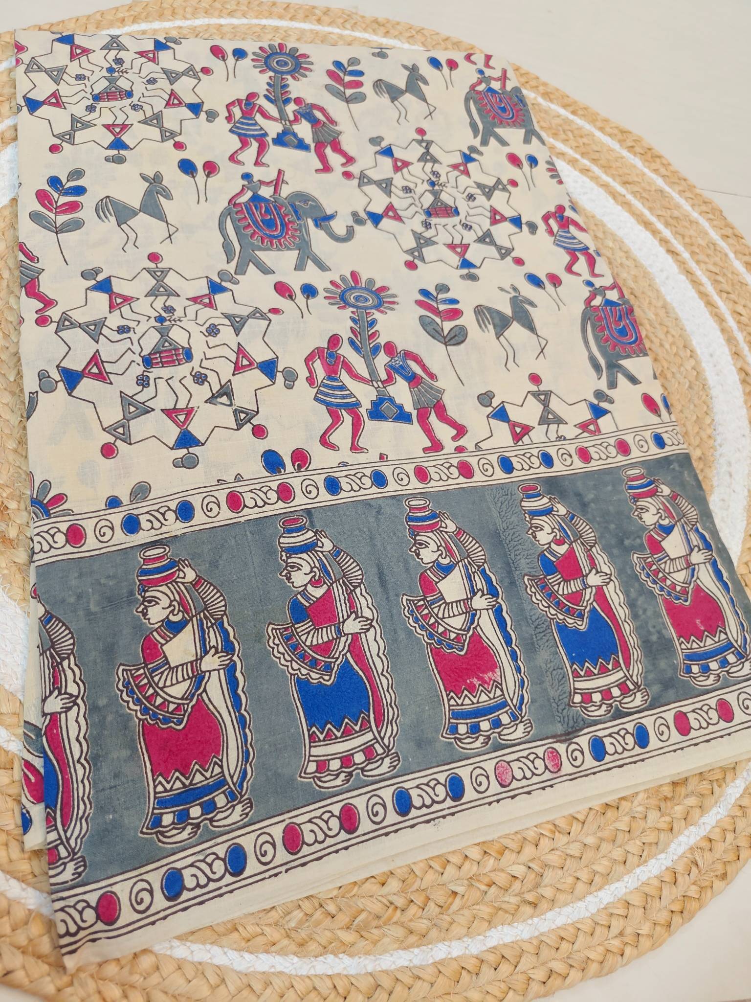 Grey Tribal Art Kalamkari Saree with Folk Dance & Village Life Print