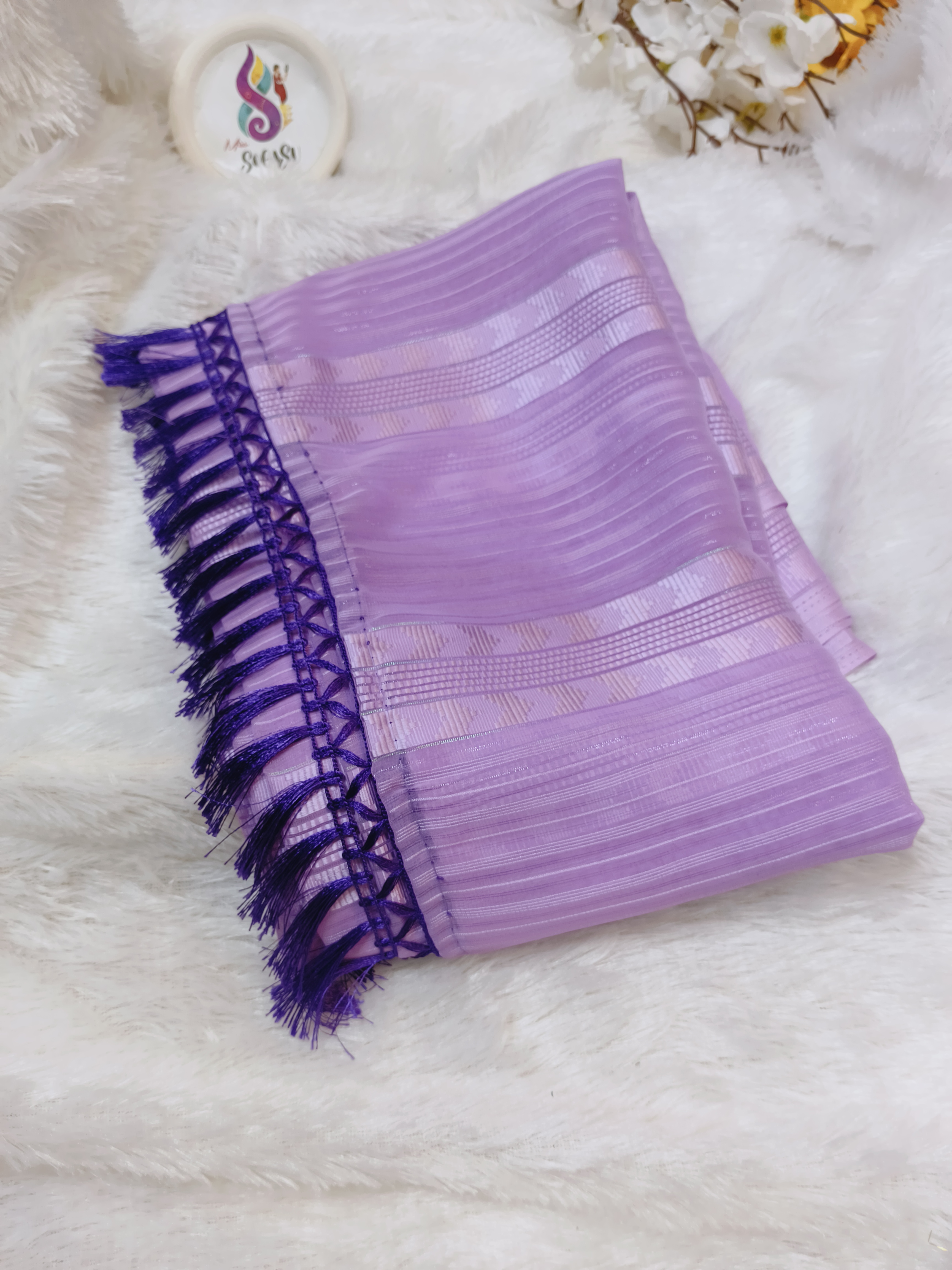 Lavender Georgette Saree with Multicolor Embroidered Blouse and Hip Belt