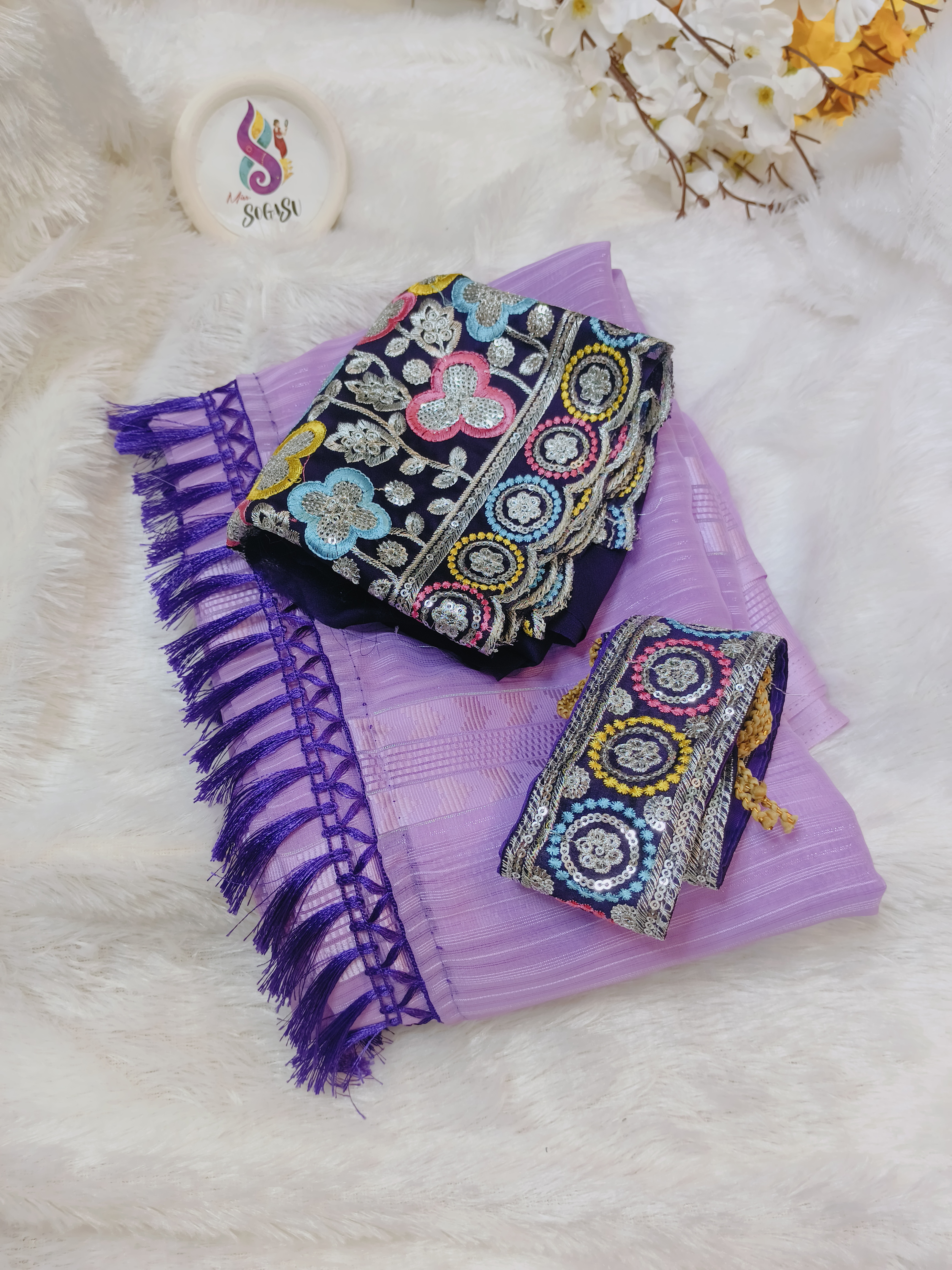 Lavender Georgette Saree with Multicolor Embroidered Blouse and Hip Belt