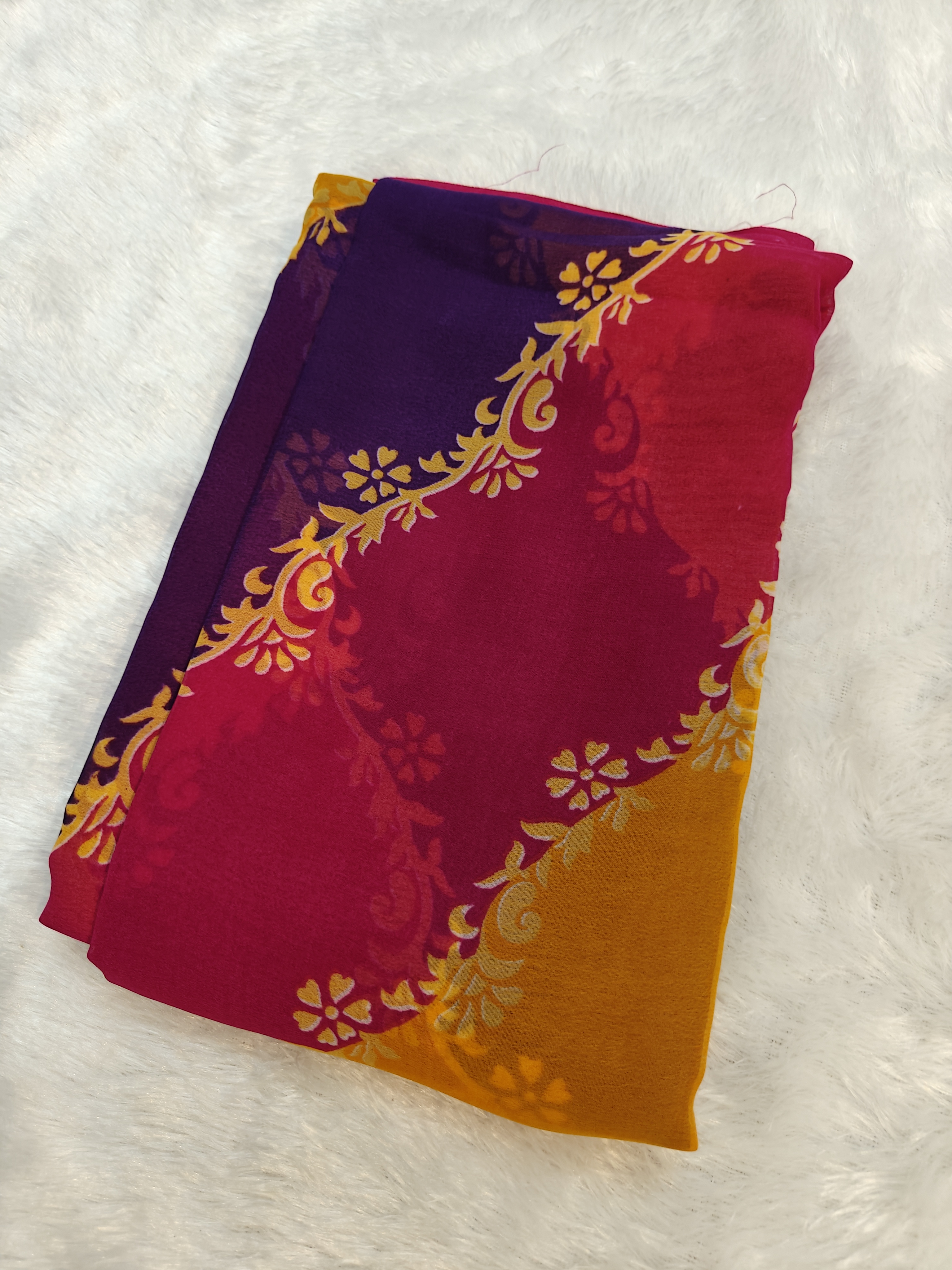 Magenta Pink, Mustard Yellow & Royal Purple Georgette Saree