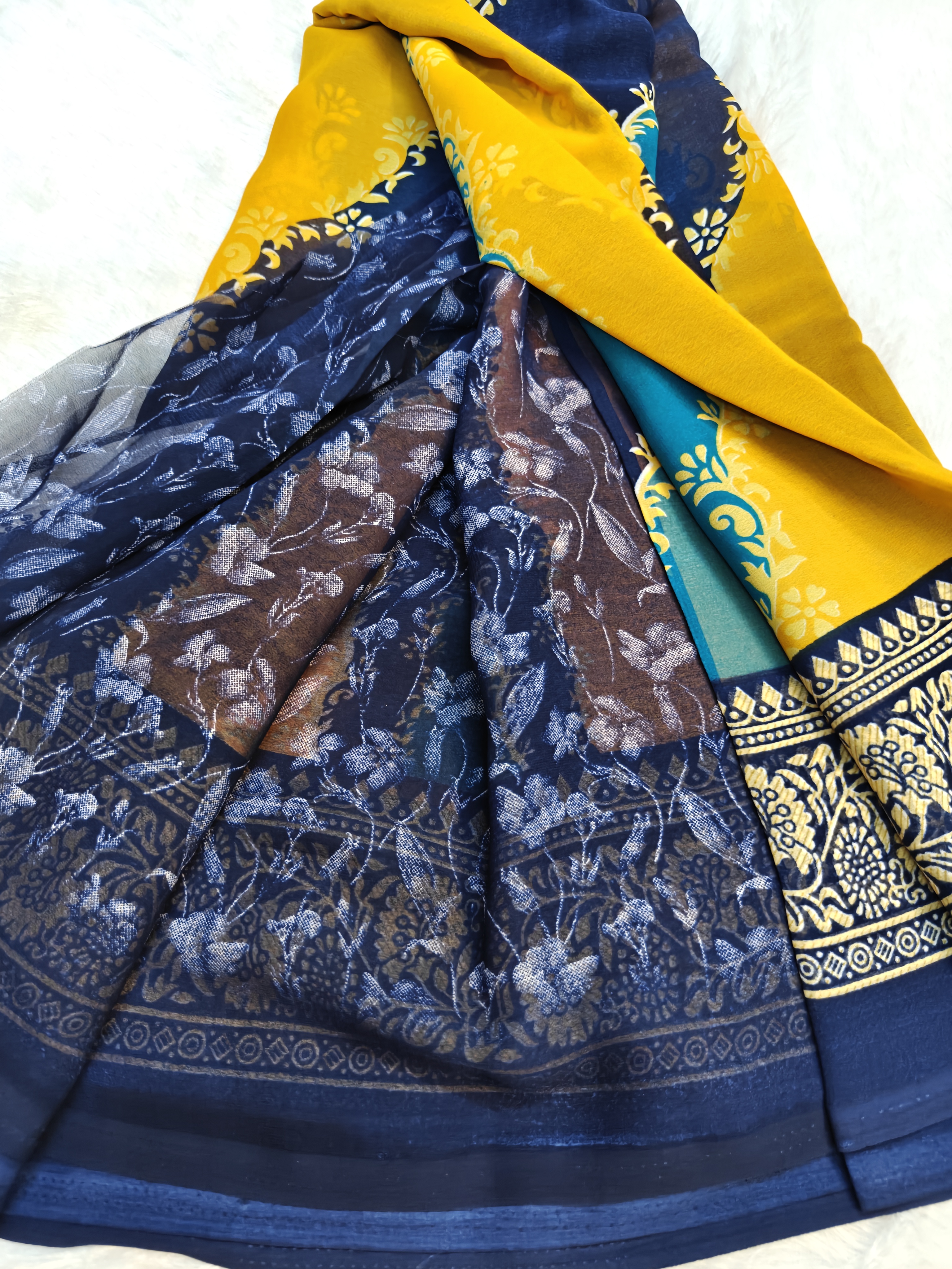 Midnight Blue & Mustard Yellow Designer Georgette Saree