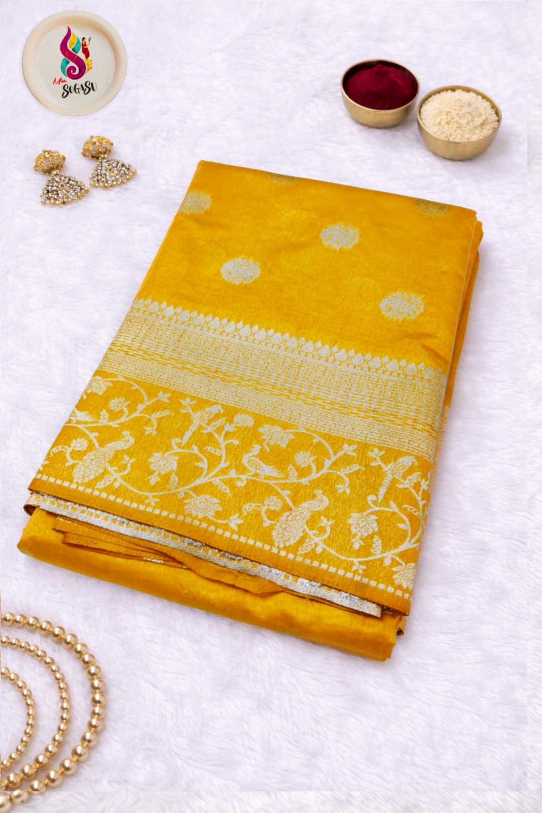 Mustard Banaras Floral Zari Saree