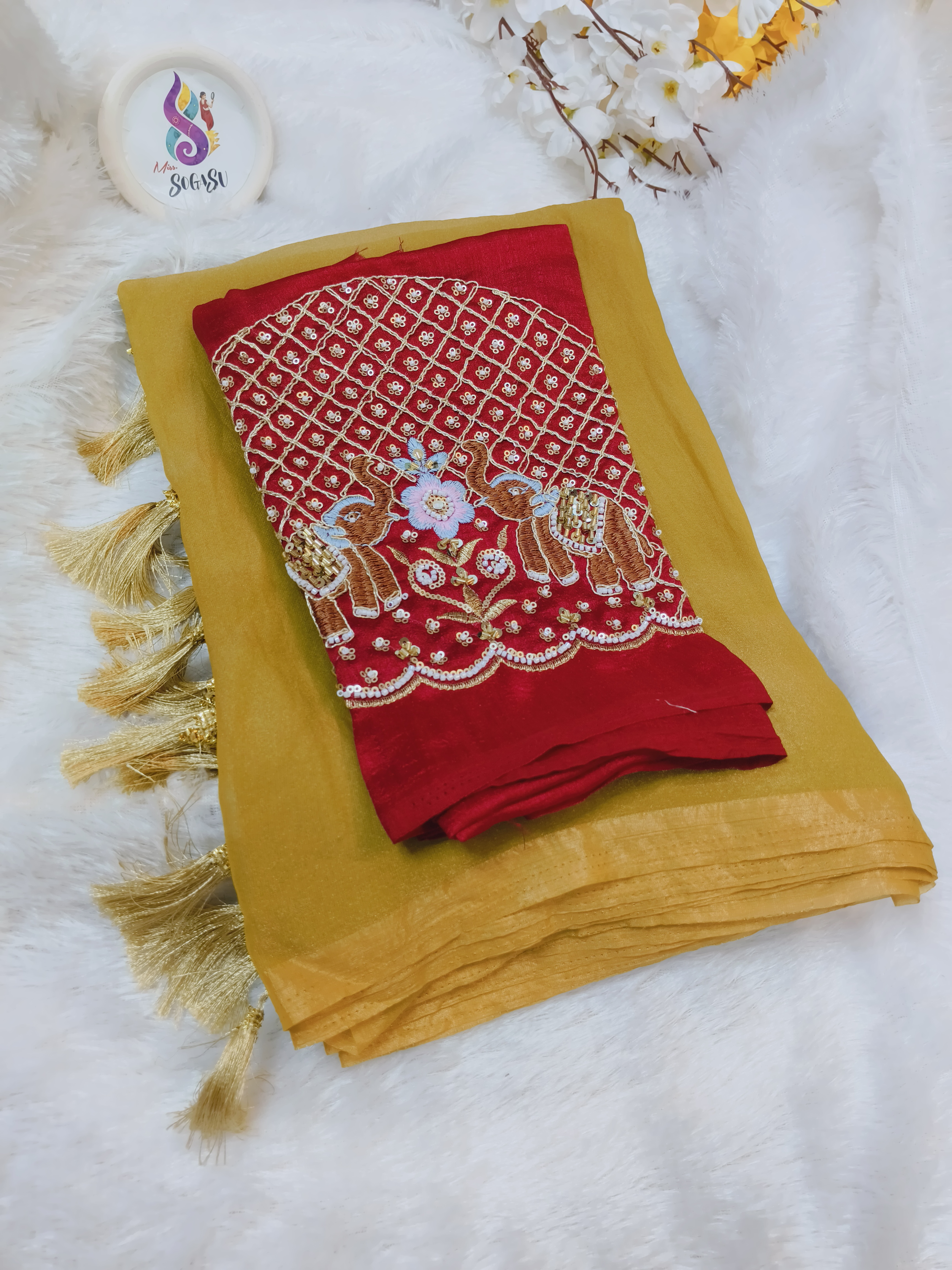 Mustard Yellow Dual Shade Georgette Saree with Space Silk Embroidered Blouse