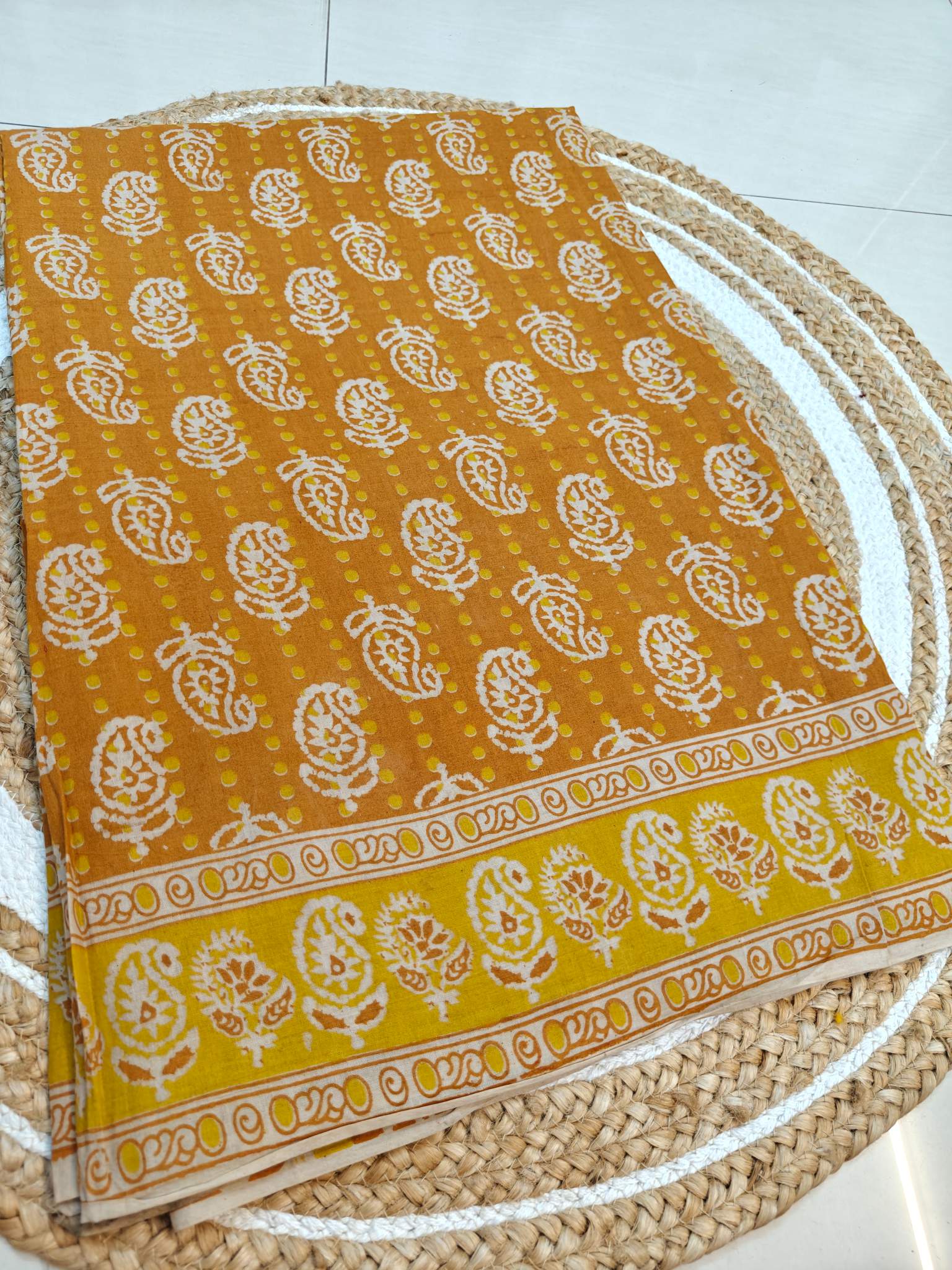 Mustard Yellow Kalamkari Printed Saree with Traditional Border