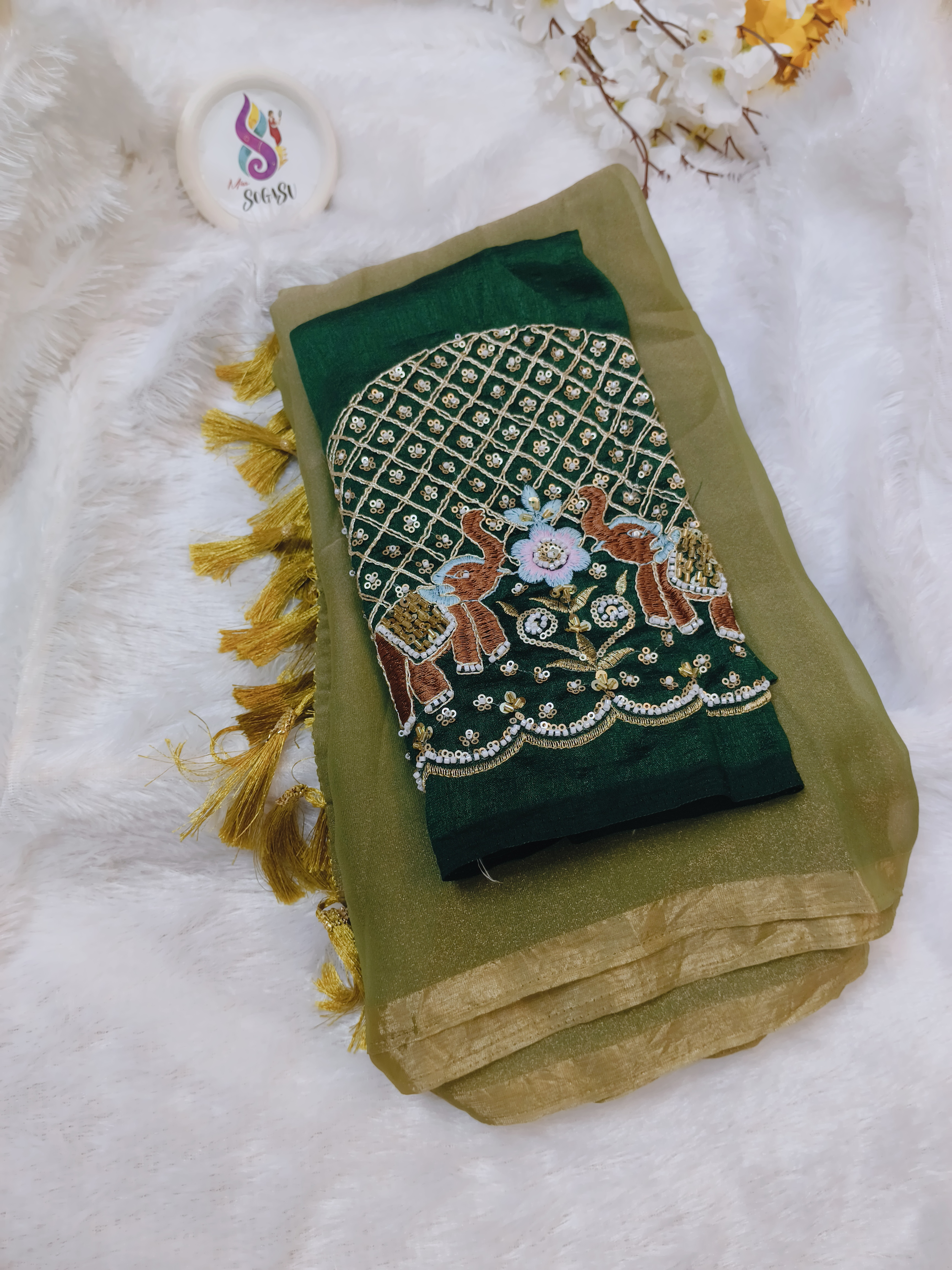 Olive Green Dual Shade Georgette Saree with Space Silk Embroidered Blouse