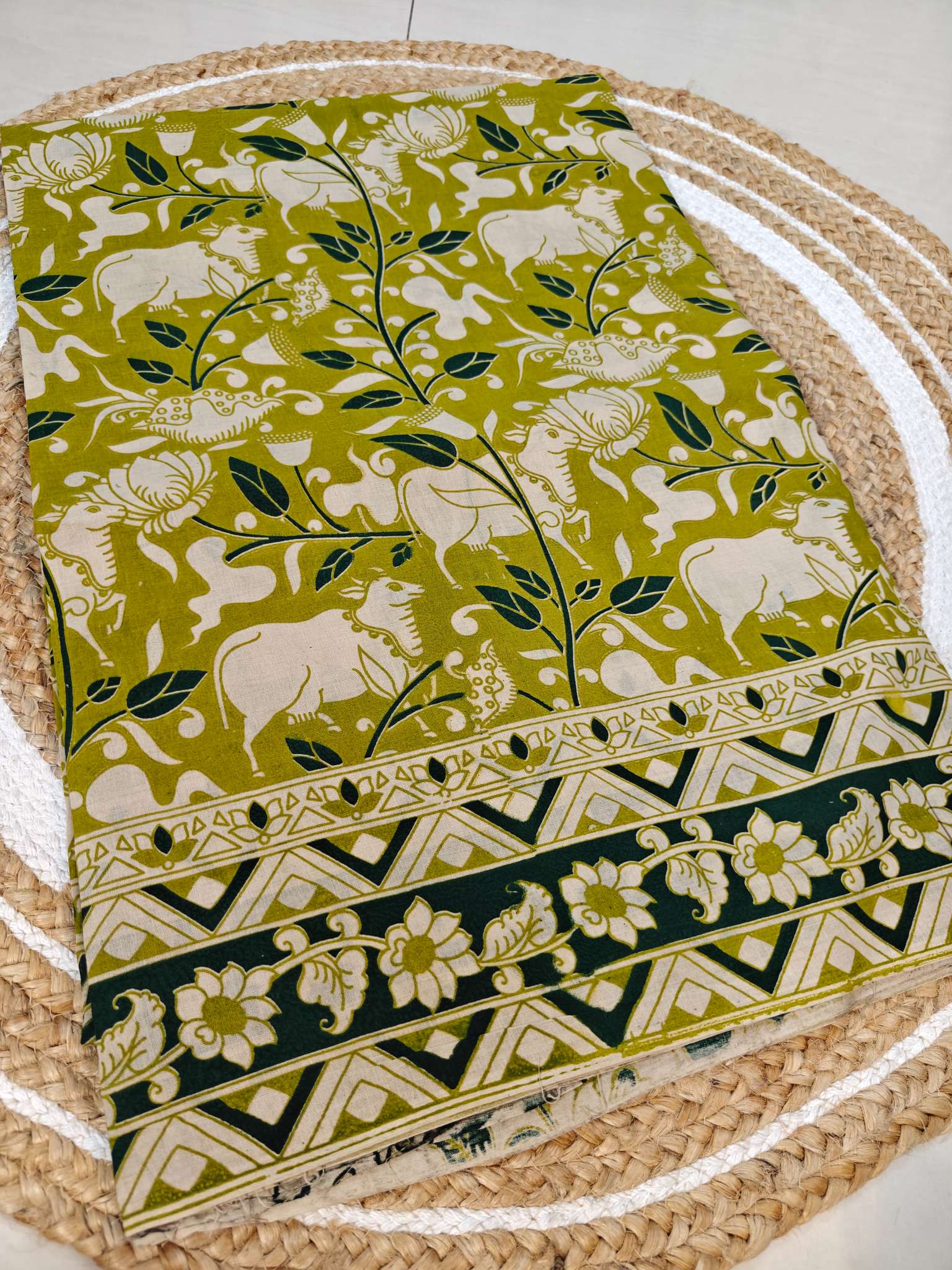 Olive Green Kalamkari Printed Saree with Traditional Floral Border