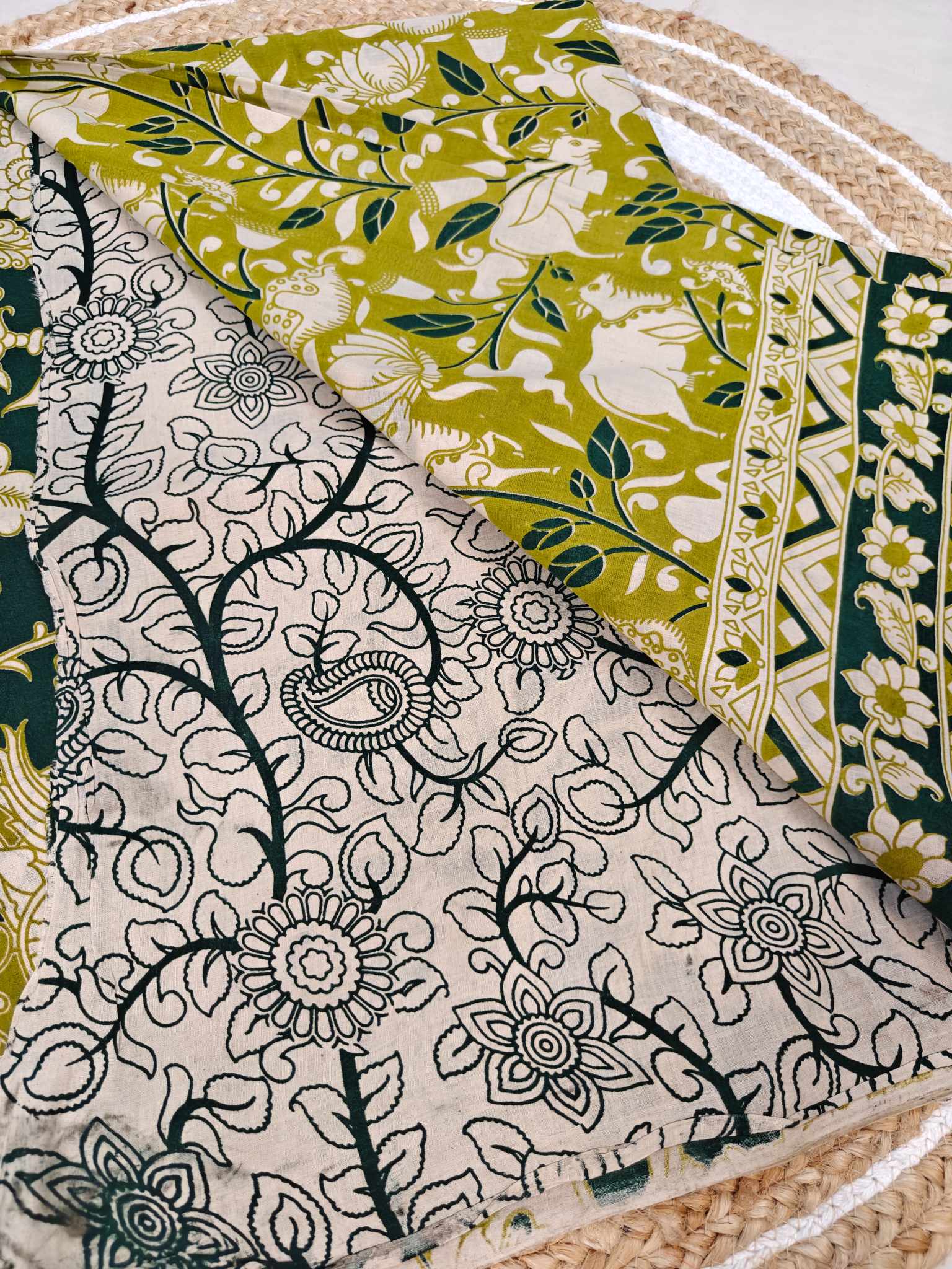 Olive Green Kalamkari Printed Saree with Traditional Floral Border hover