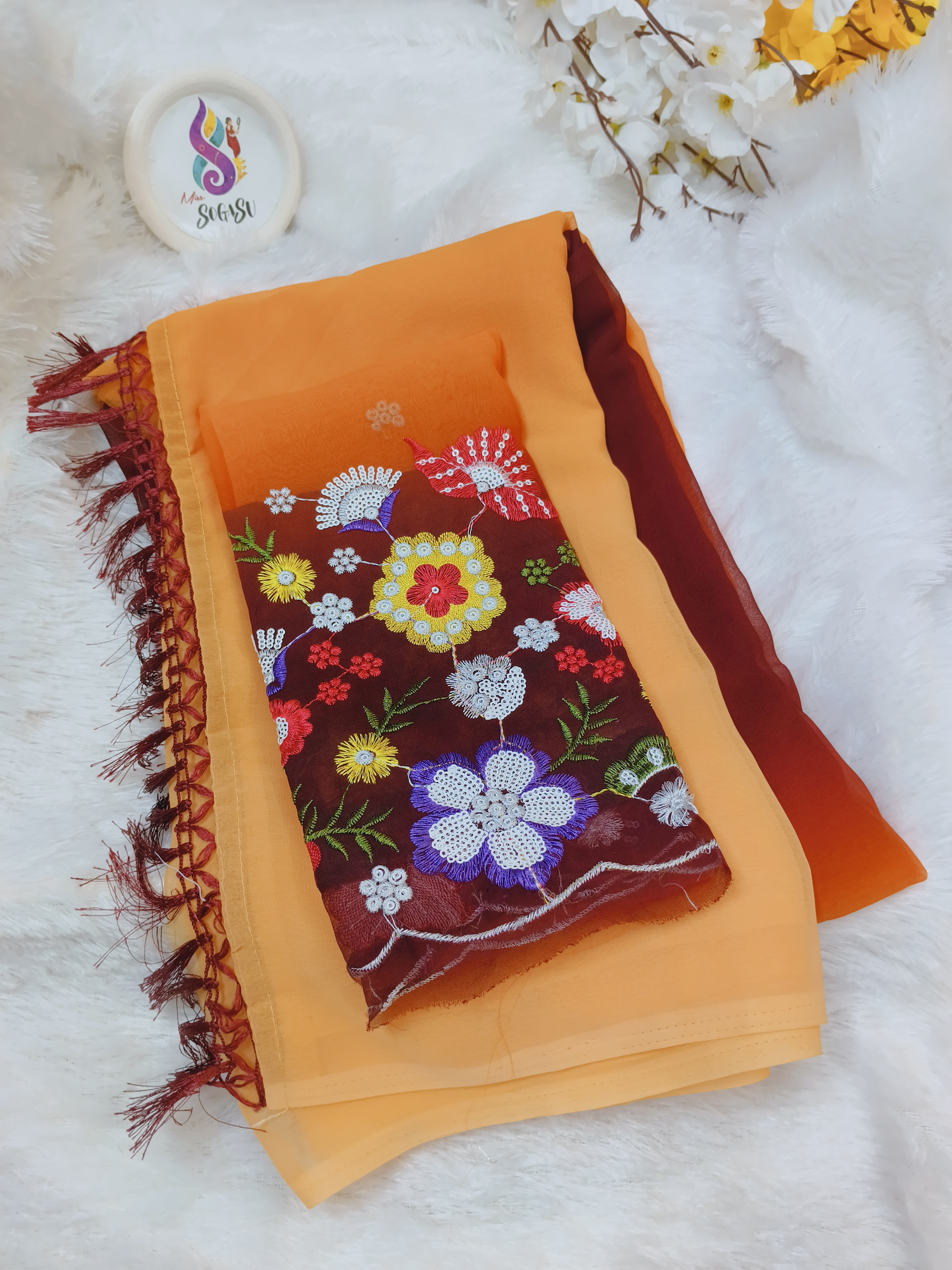 Orange Dual Shade Georgette Saree with Floral Embroidered Blouse