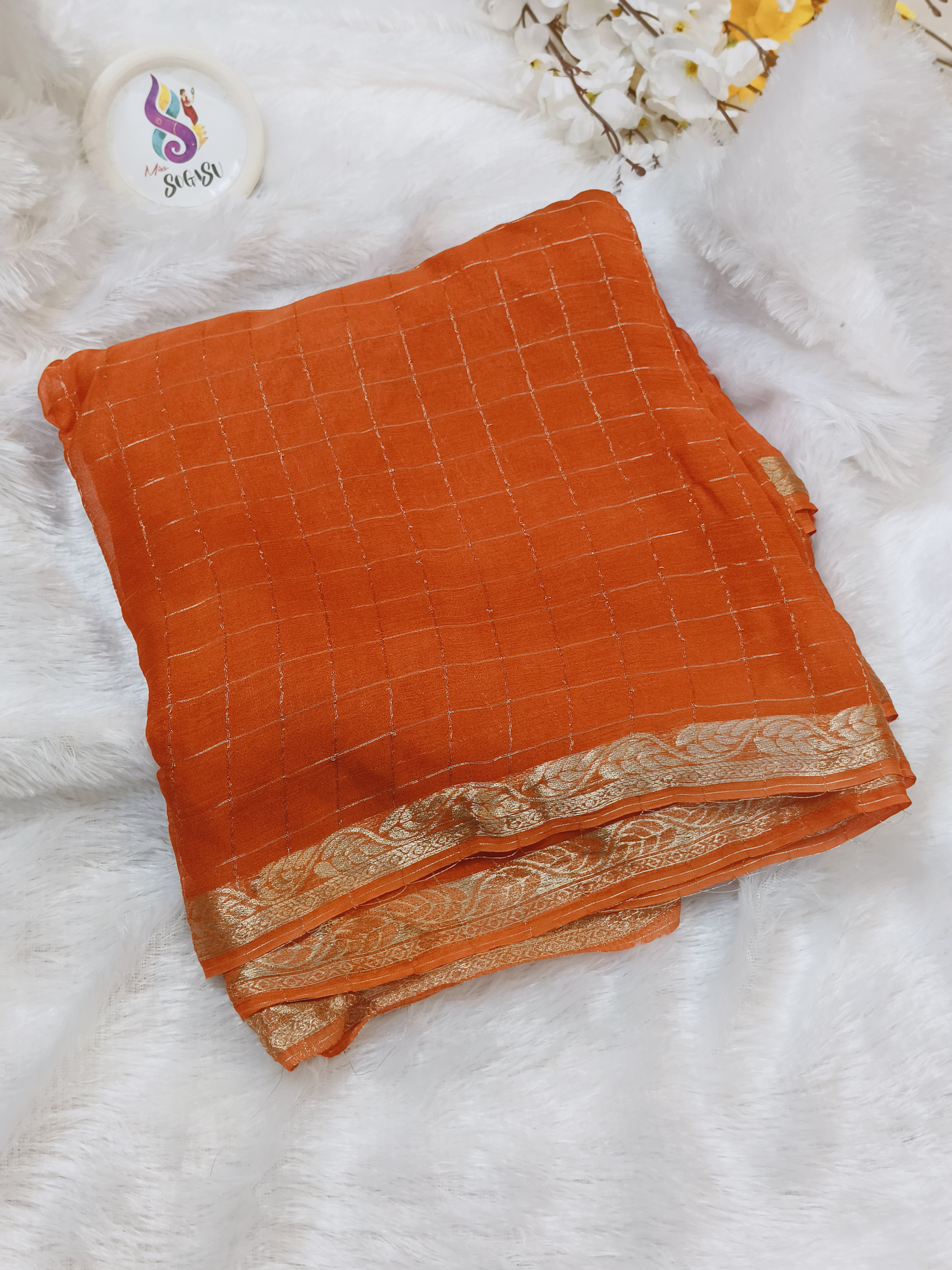 Orange Gold Border Georgette Sareee