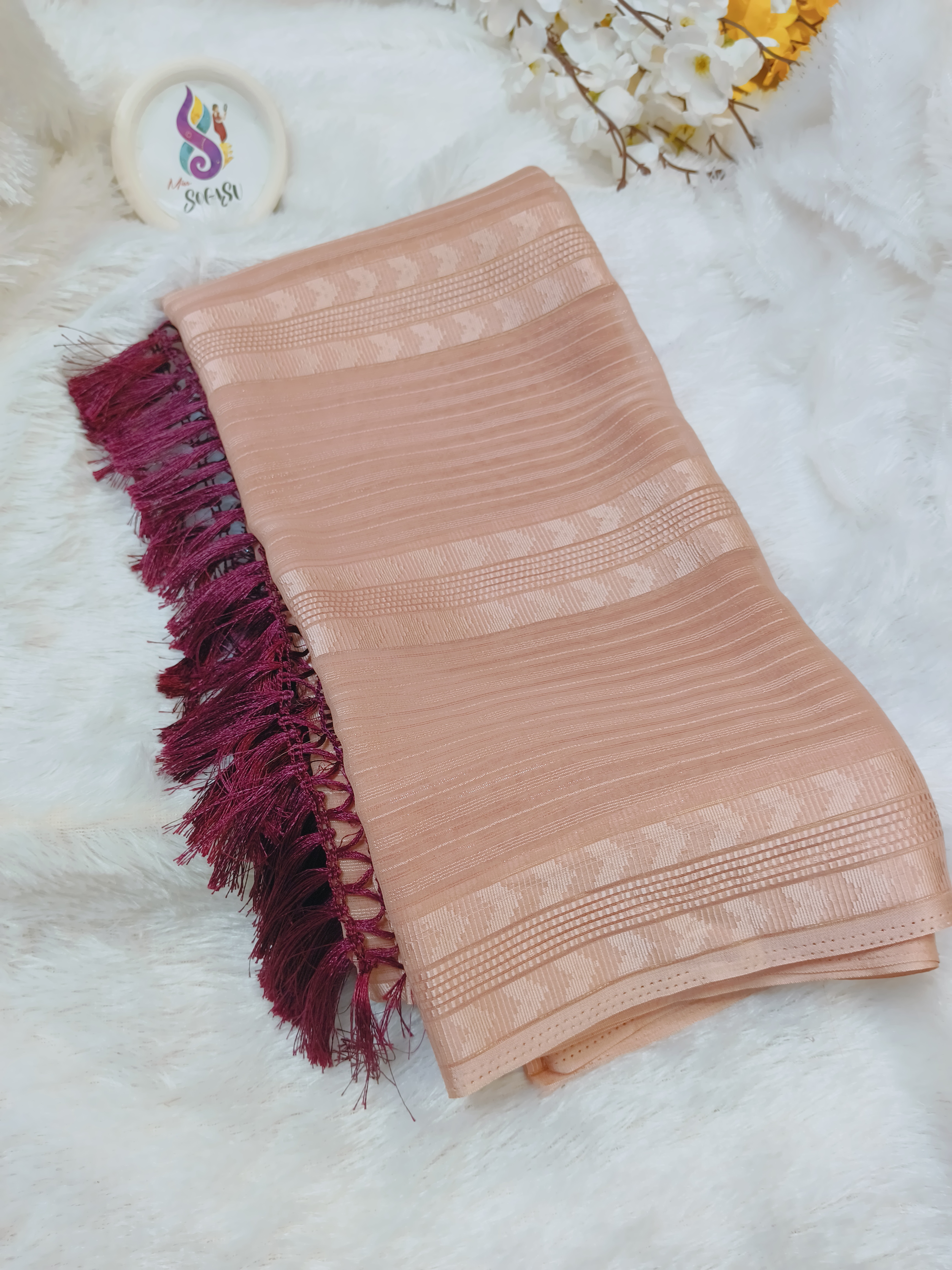 Peach Georgette Saree with Multicolor Embroidered Blouse and Hip Belt