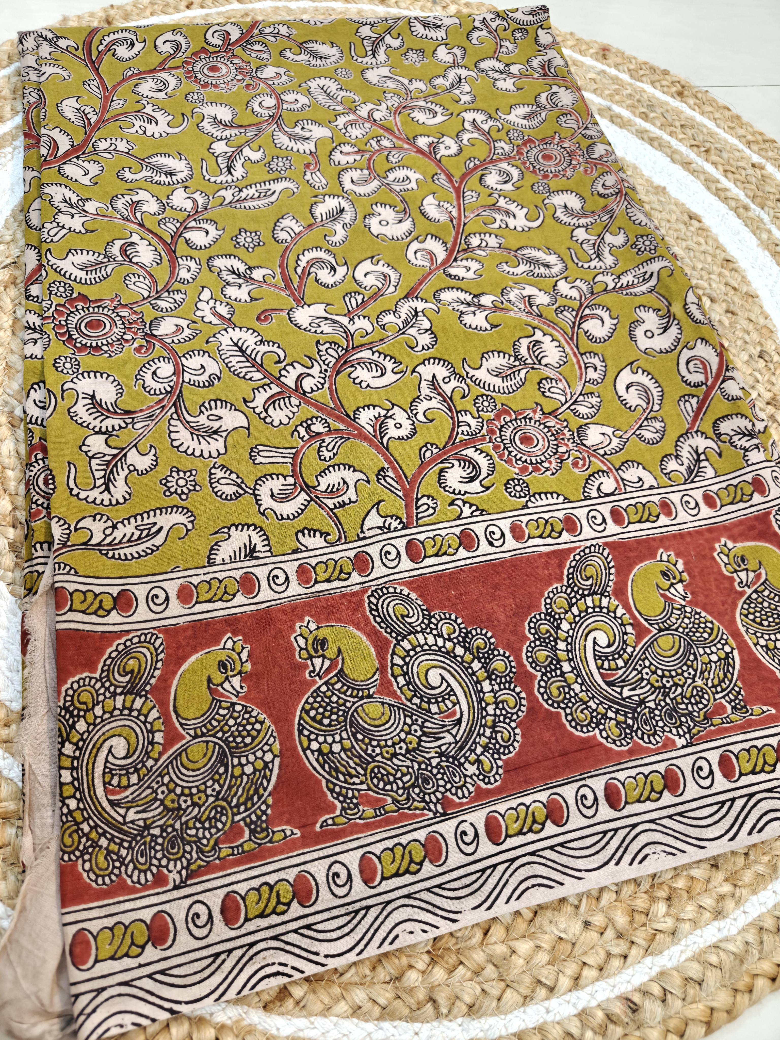 Peacock Border Kalamkari Saree – Floral Vine Heritage Print