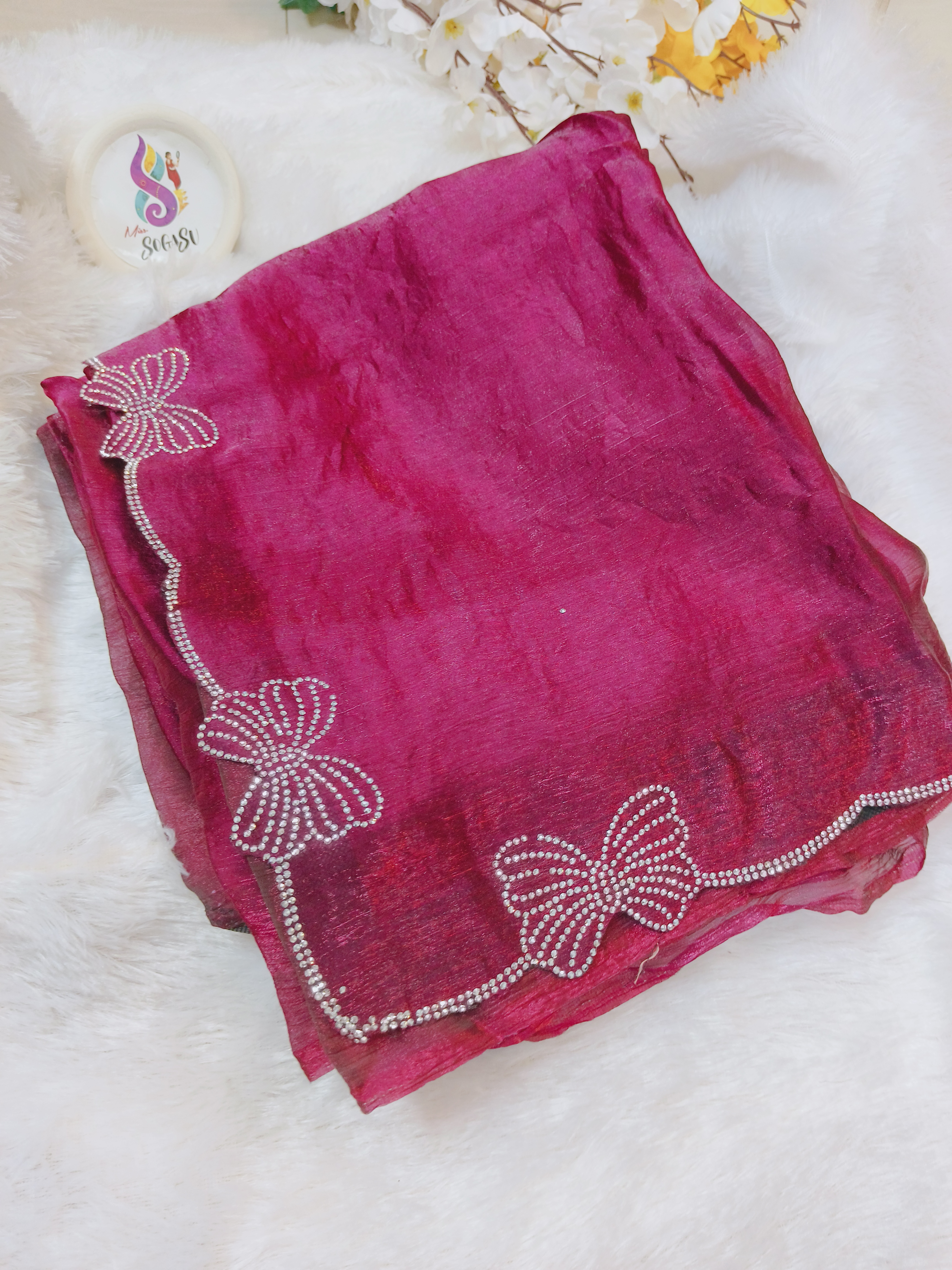 Rani Pink Space Silk Saree with Butterfly Stone Work Border