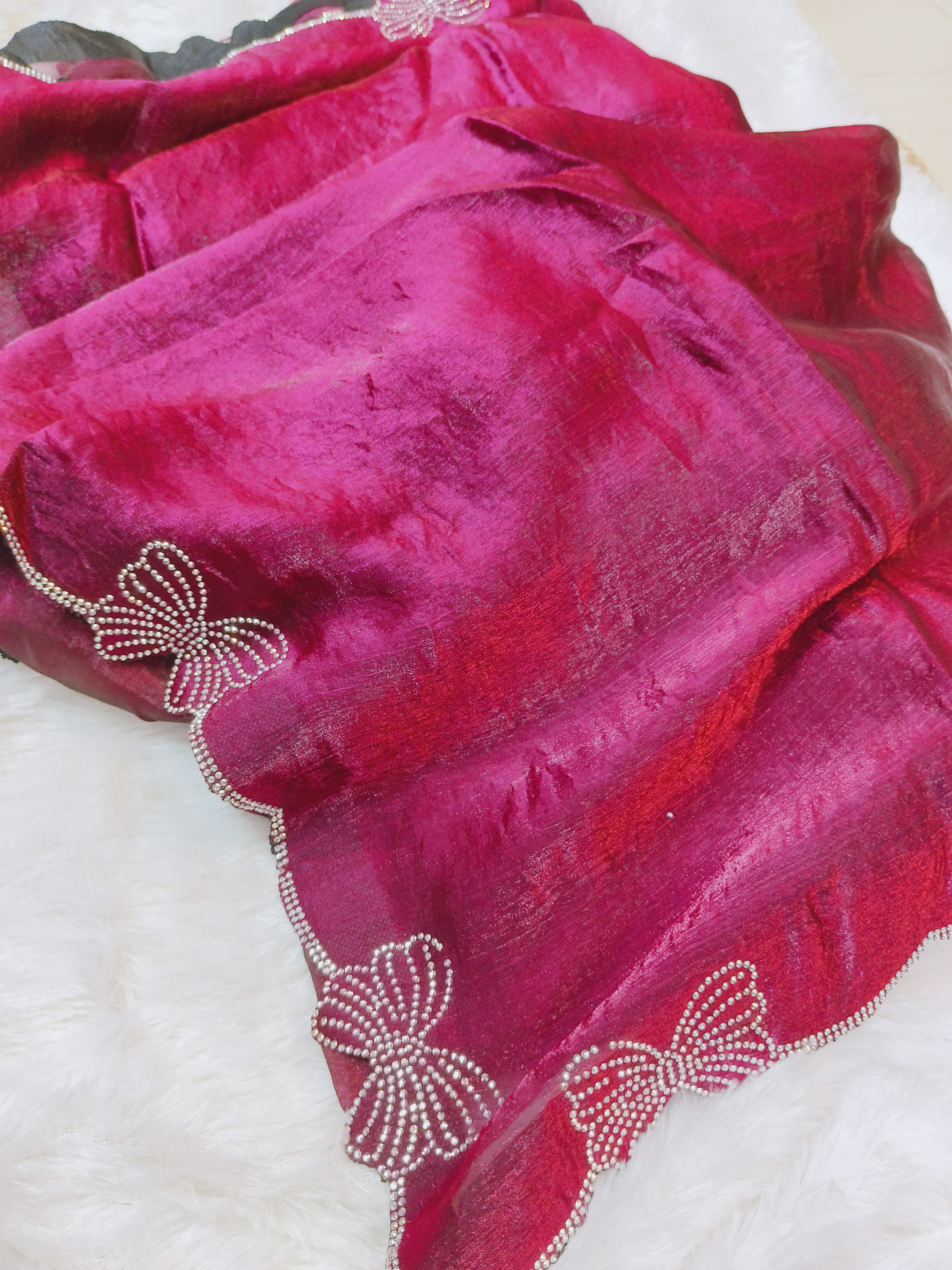 Rani Pink Space Silk Saree with Butterfly Stone Work Border