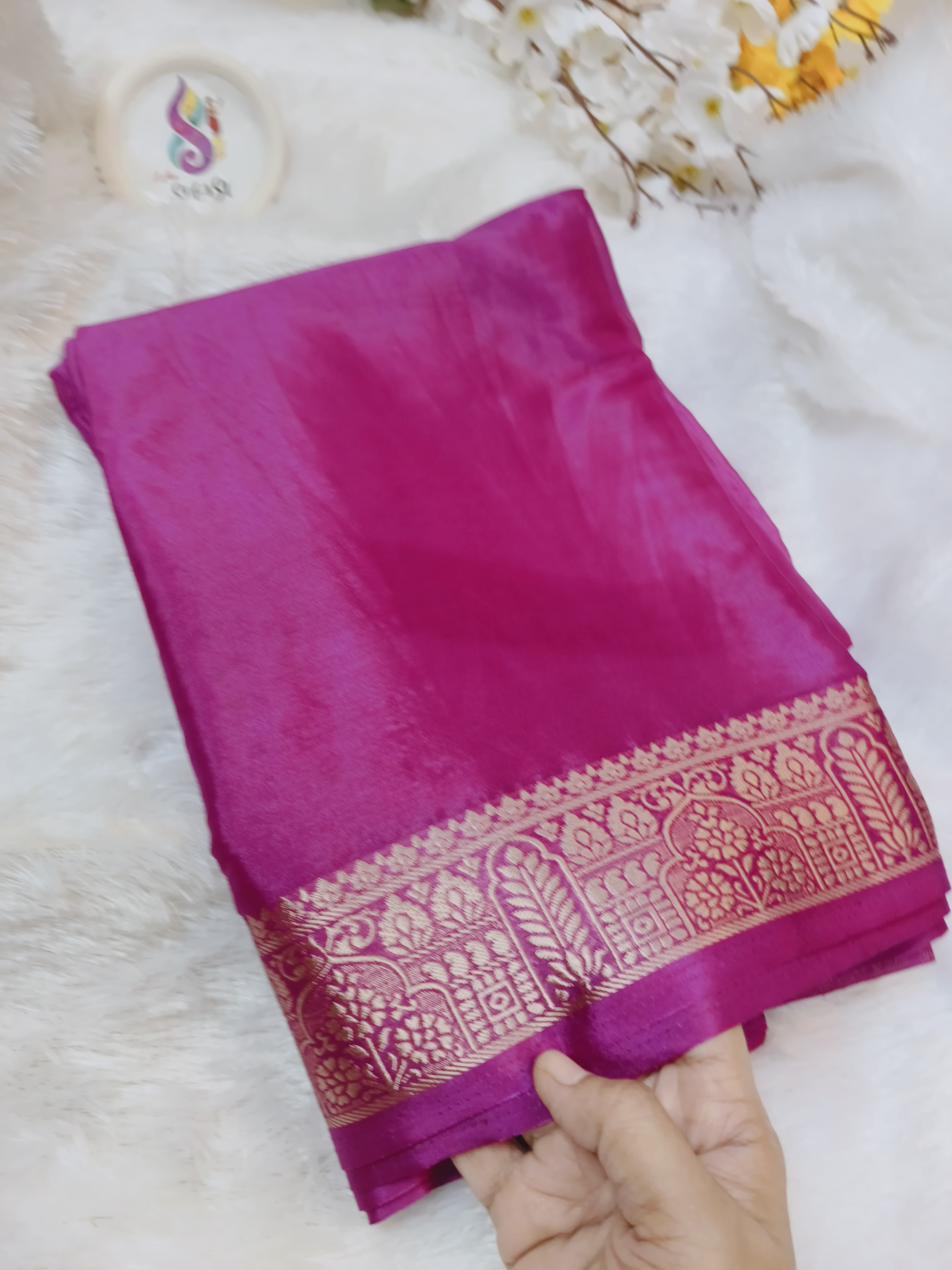 Rani Pink Viscose Georgette Saree with Zari Border