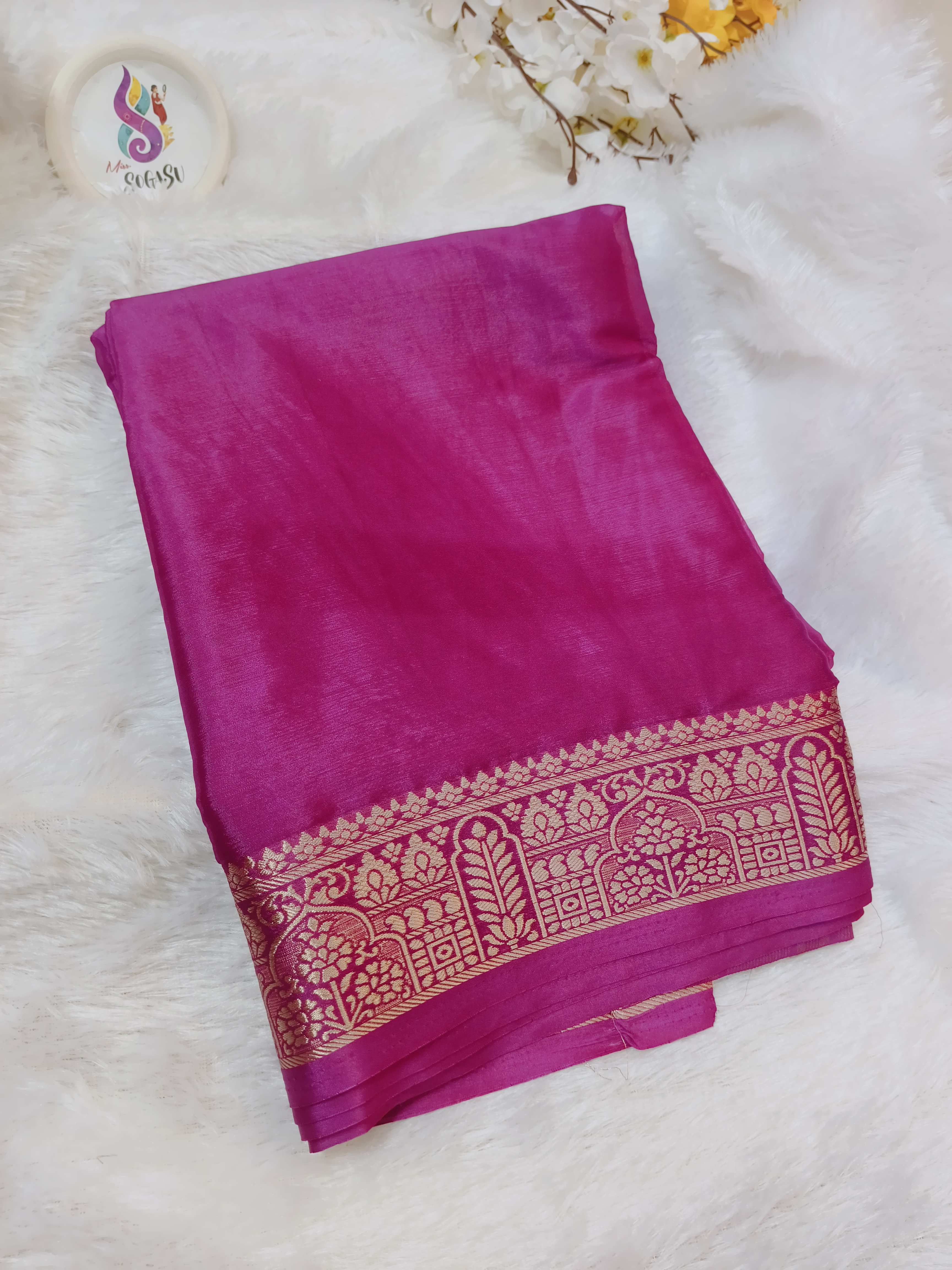 Rani Pink Viscose Georgette Saree with Zari Border