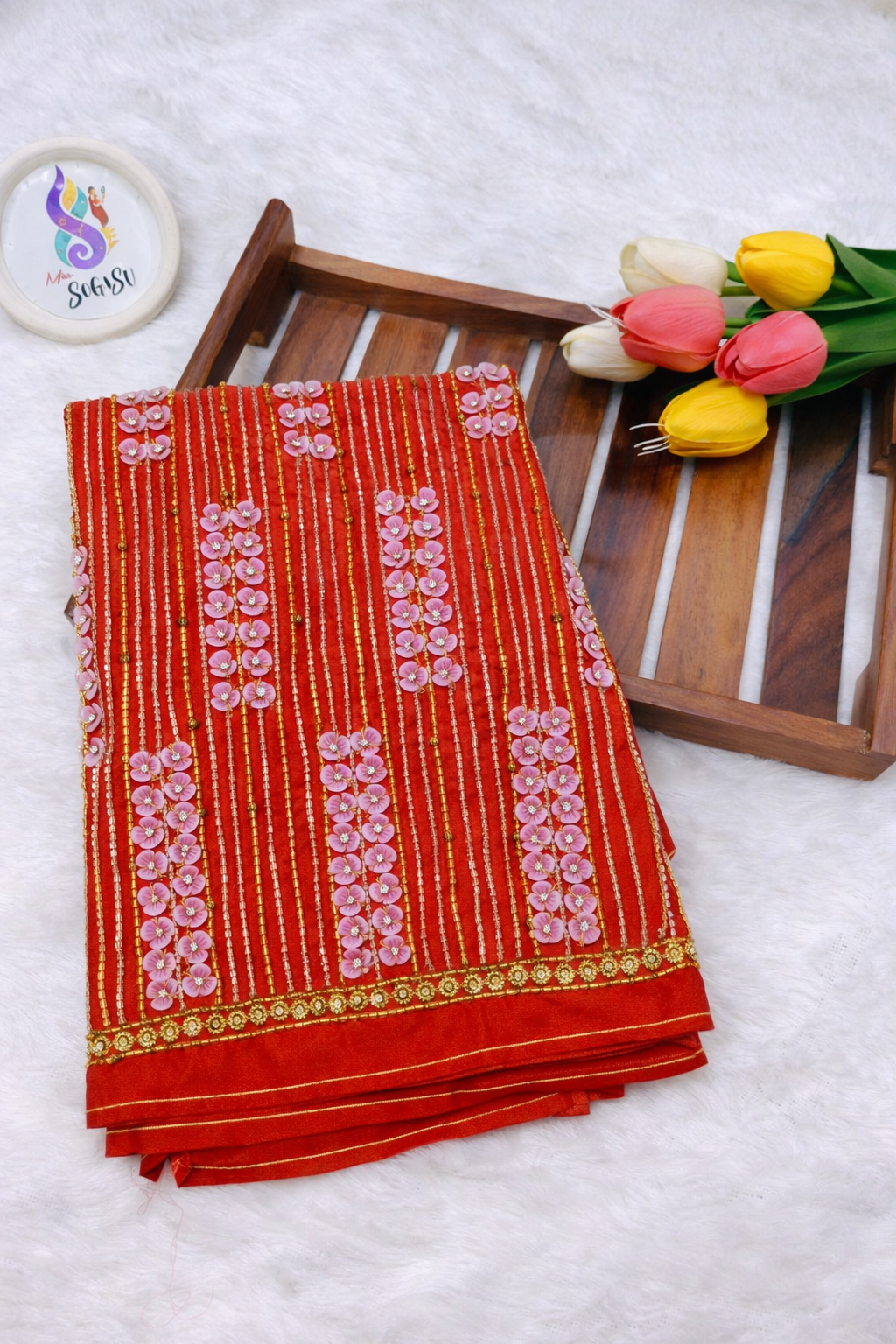 Red Heavy Rose Design Maggam Blouse