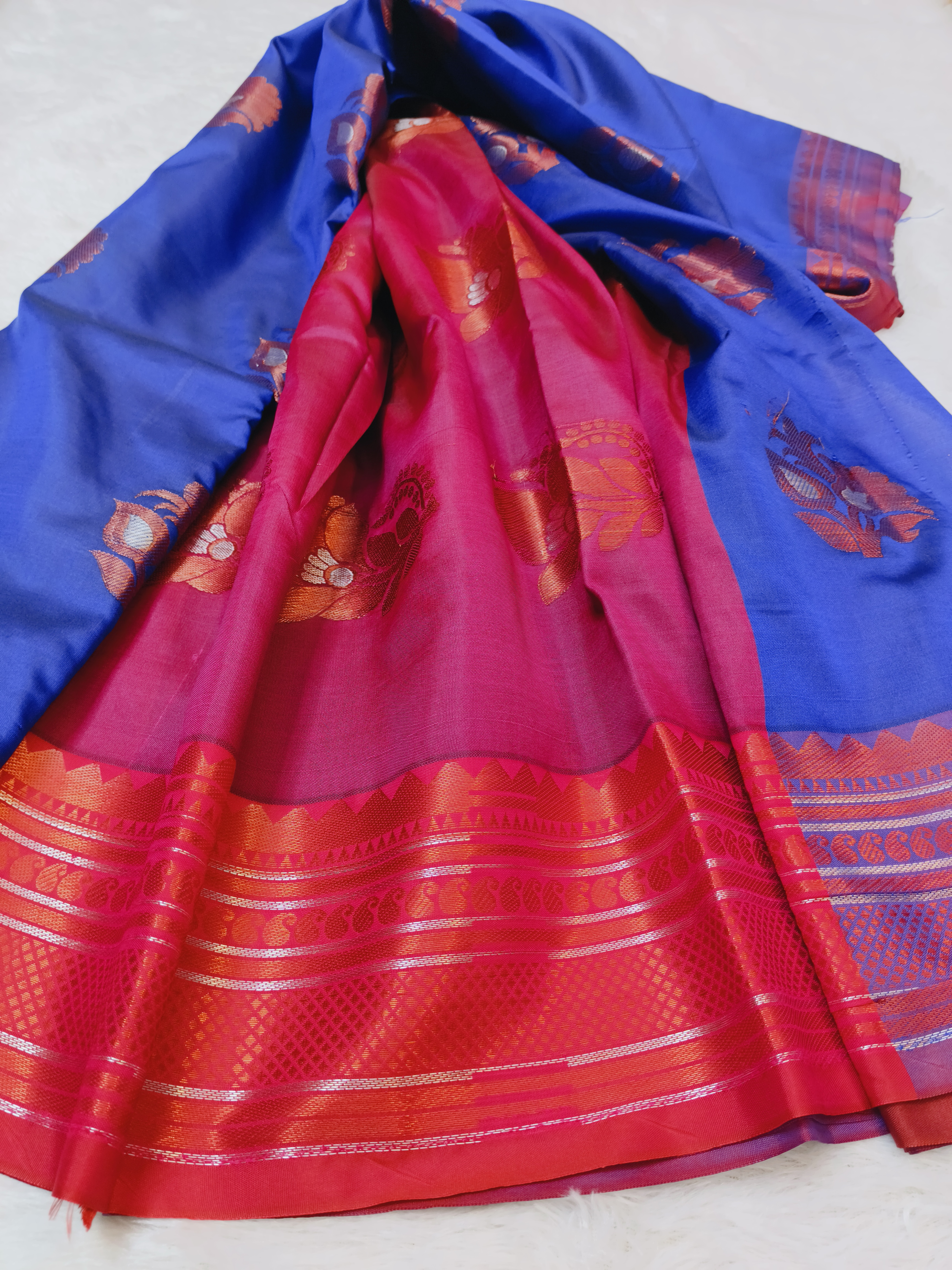 Royal blue contrast pink saree