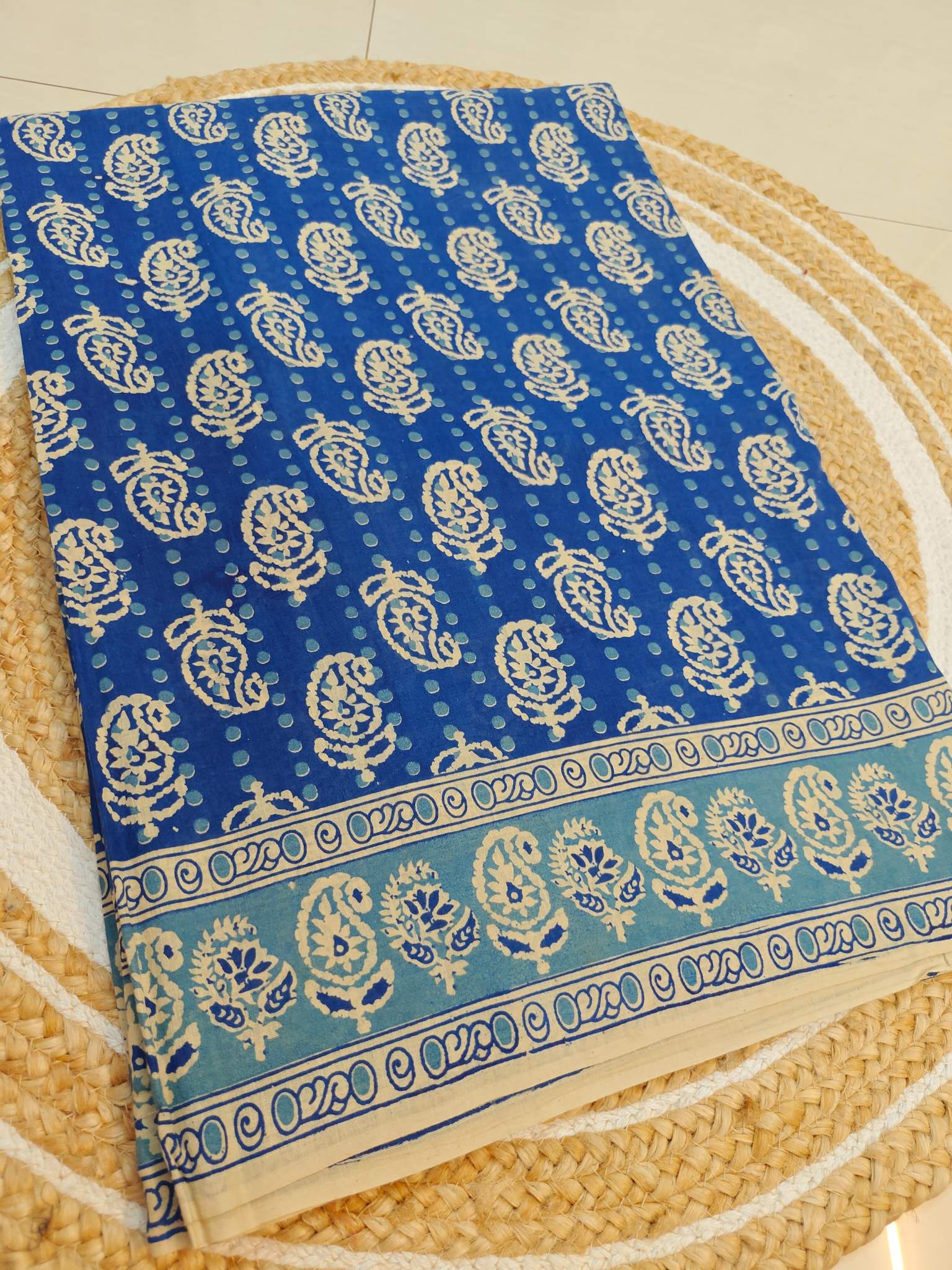 Royal Blue Kalamkari Printed Saree with Teal Blue Border