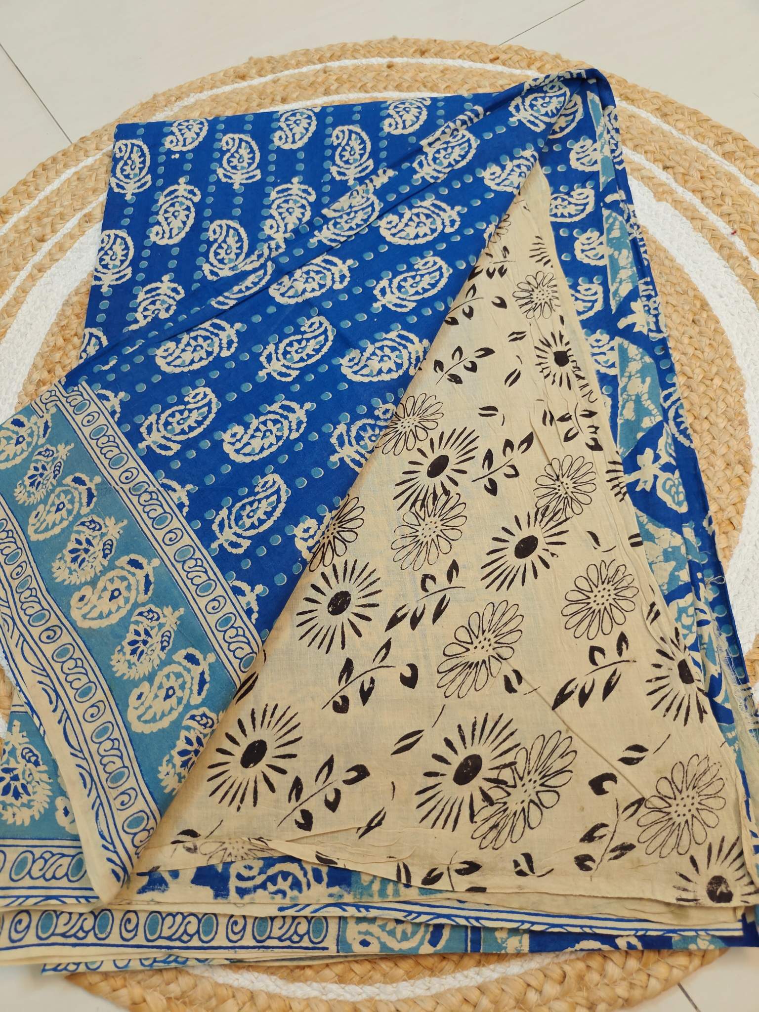 Royal Blue Kalamkari Printed Saree with Teal Blue Border hover
