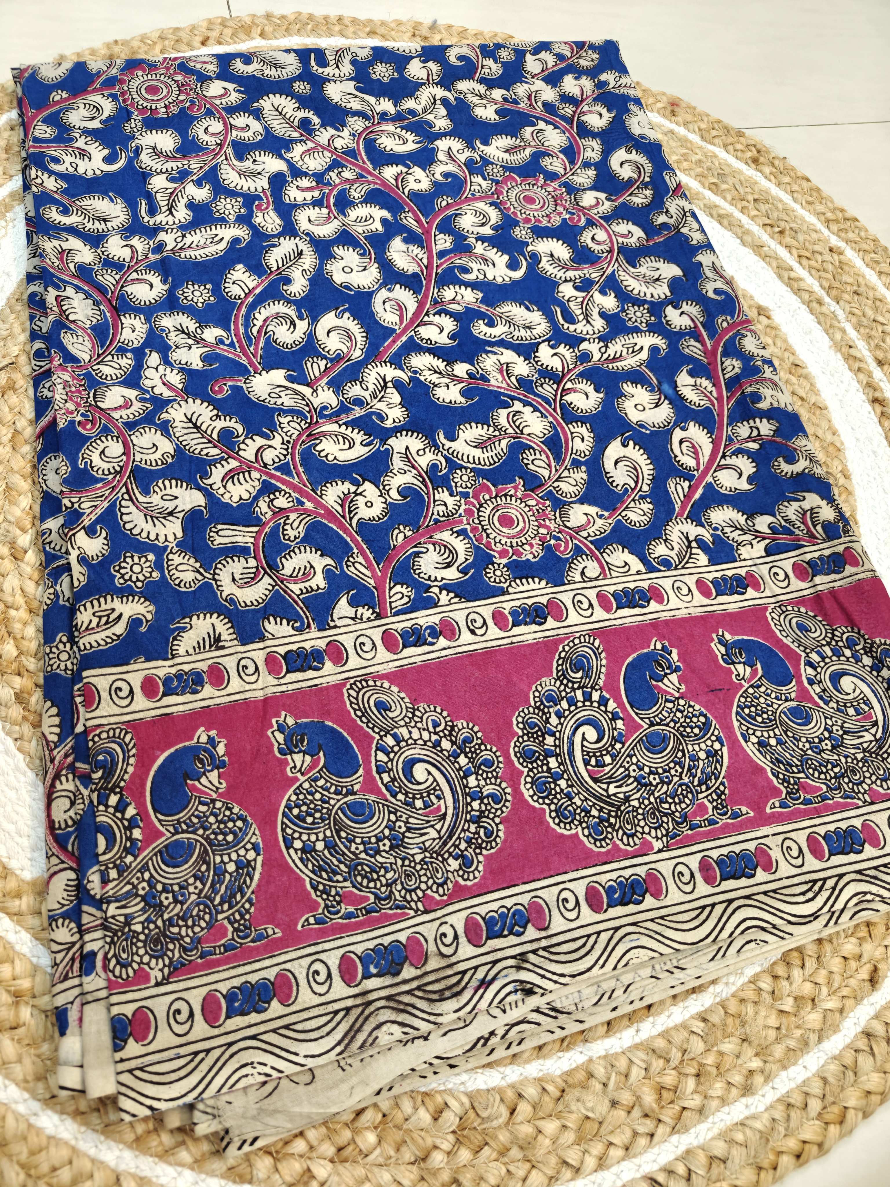 Royal Blue Peacock Kalamkari Saree – Floral Heritage Print
