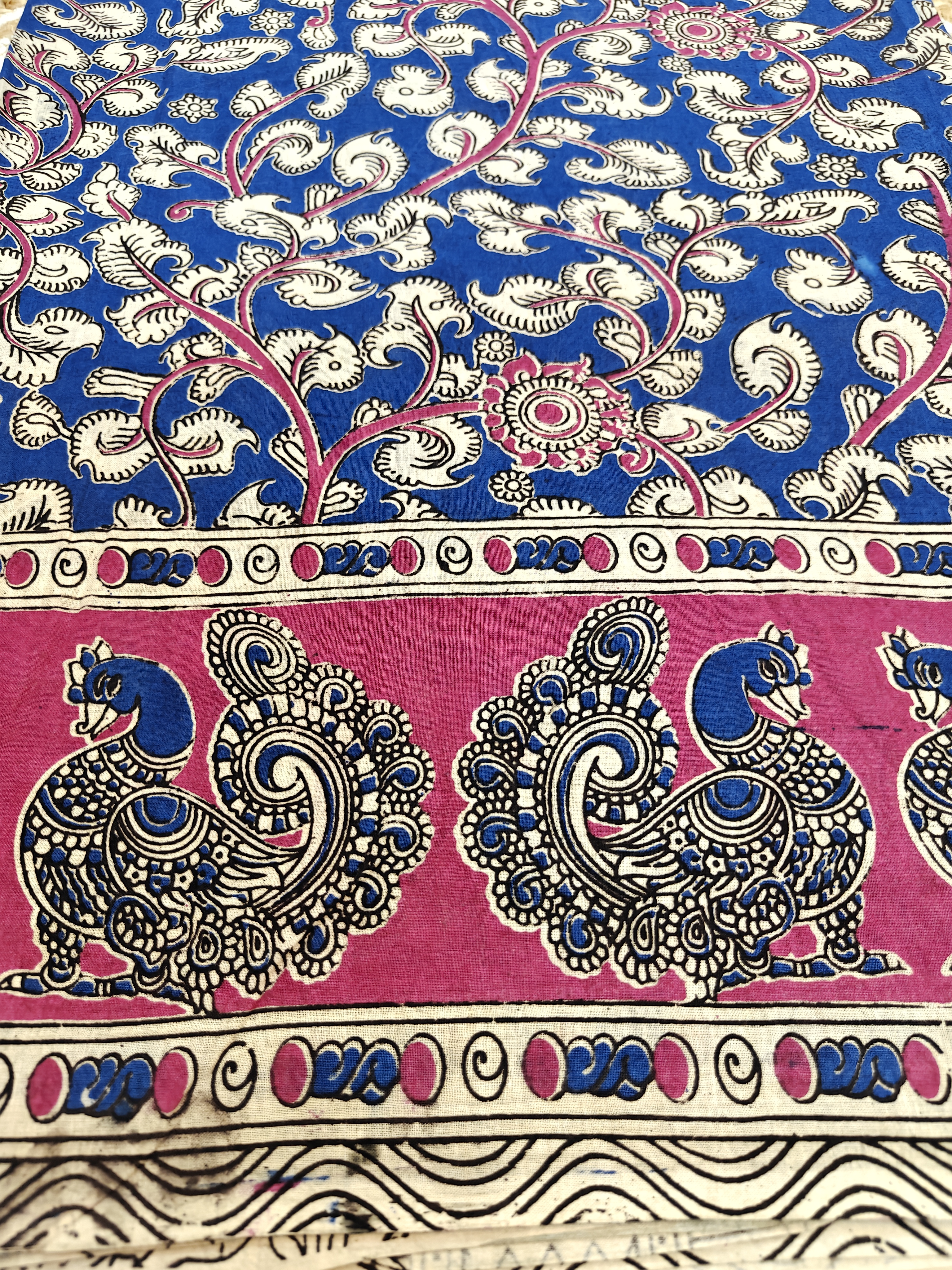 Royal Blue Peacock Kalamkari Saree – Floral Heritage Print