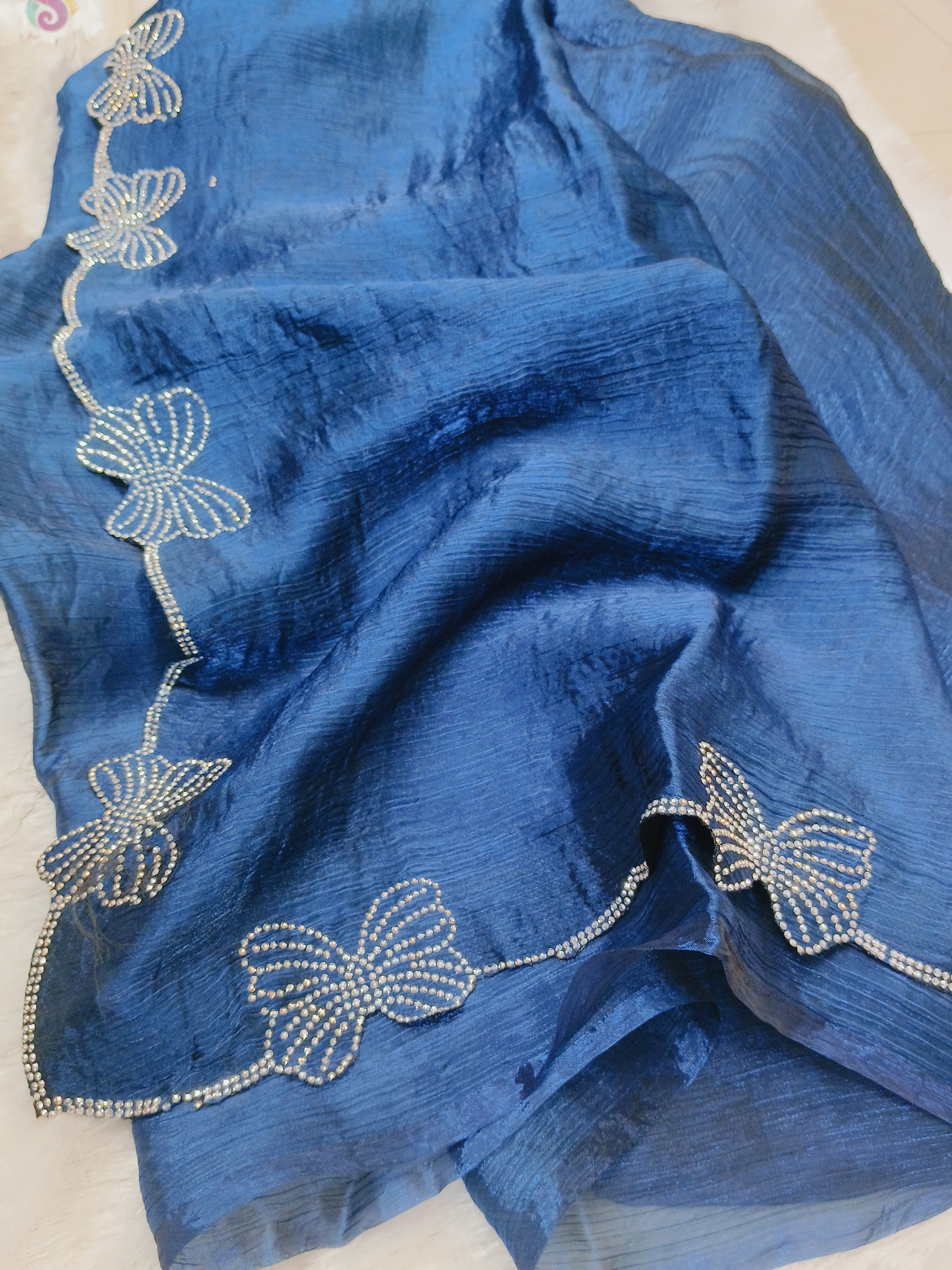 Royal Blue Space Silk Saree with Butterfly Stone Work Border