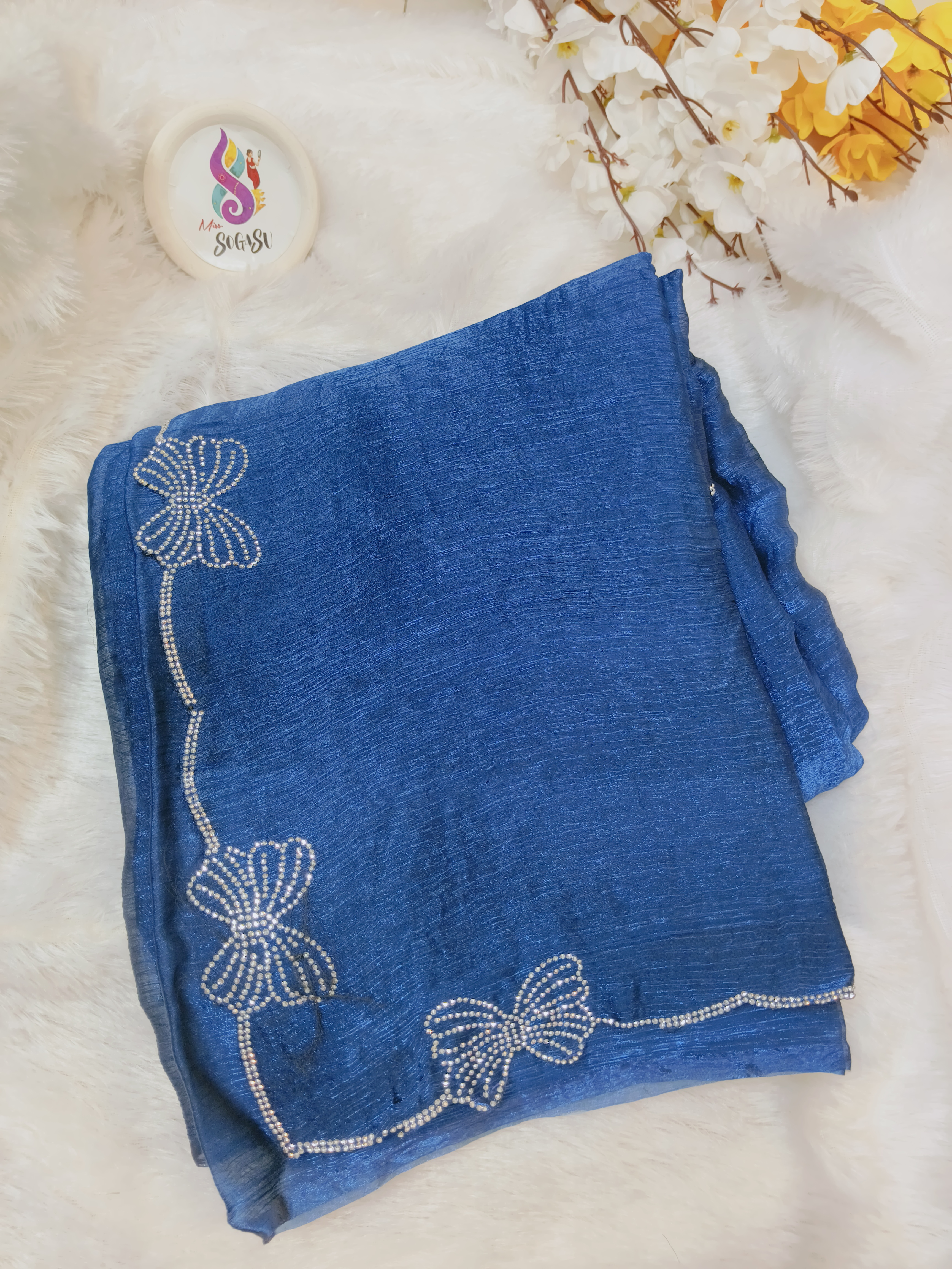 Royal Blue Space Silk Saree with Butterfly Stone Work Border