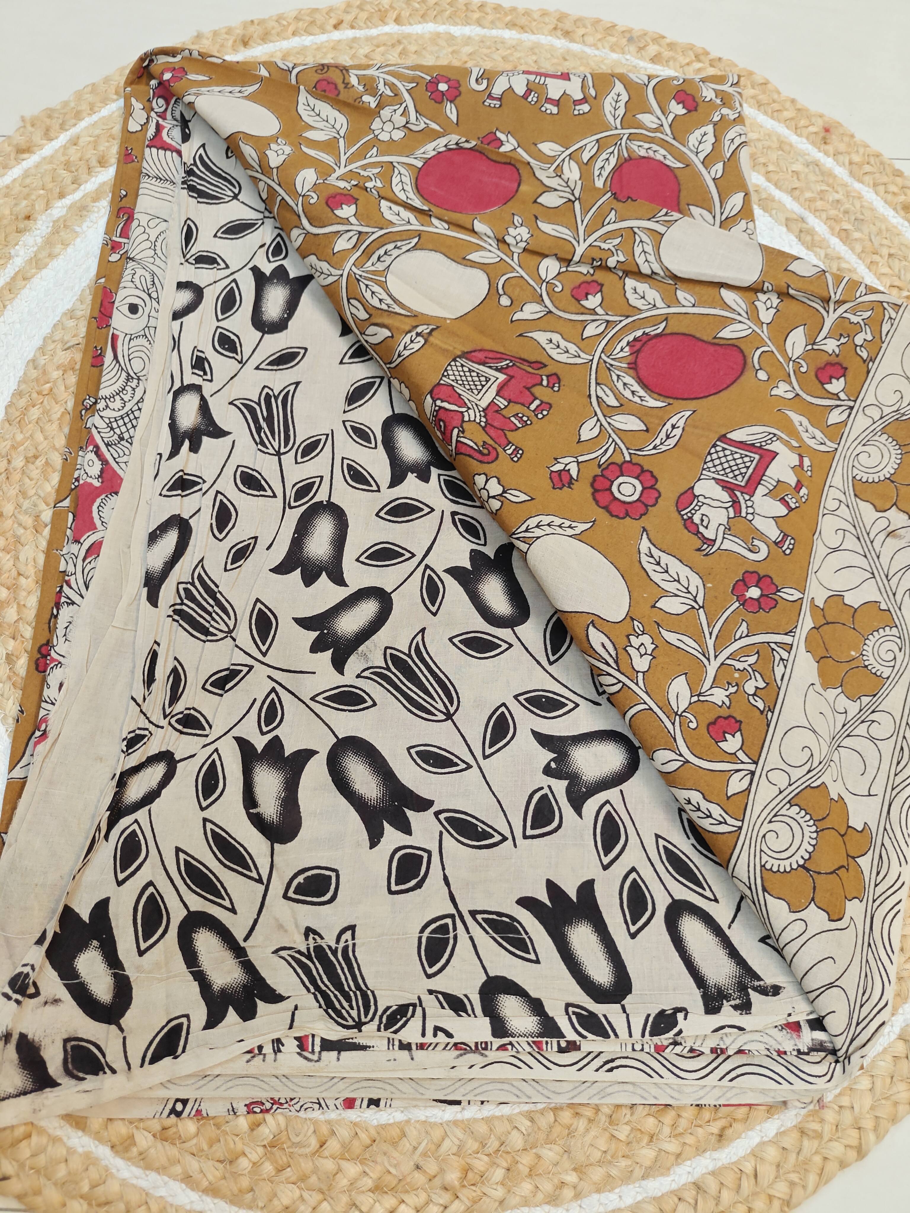 Royal Kalamkari Saree – Elephant & Mango Motif Heritage Print