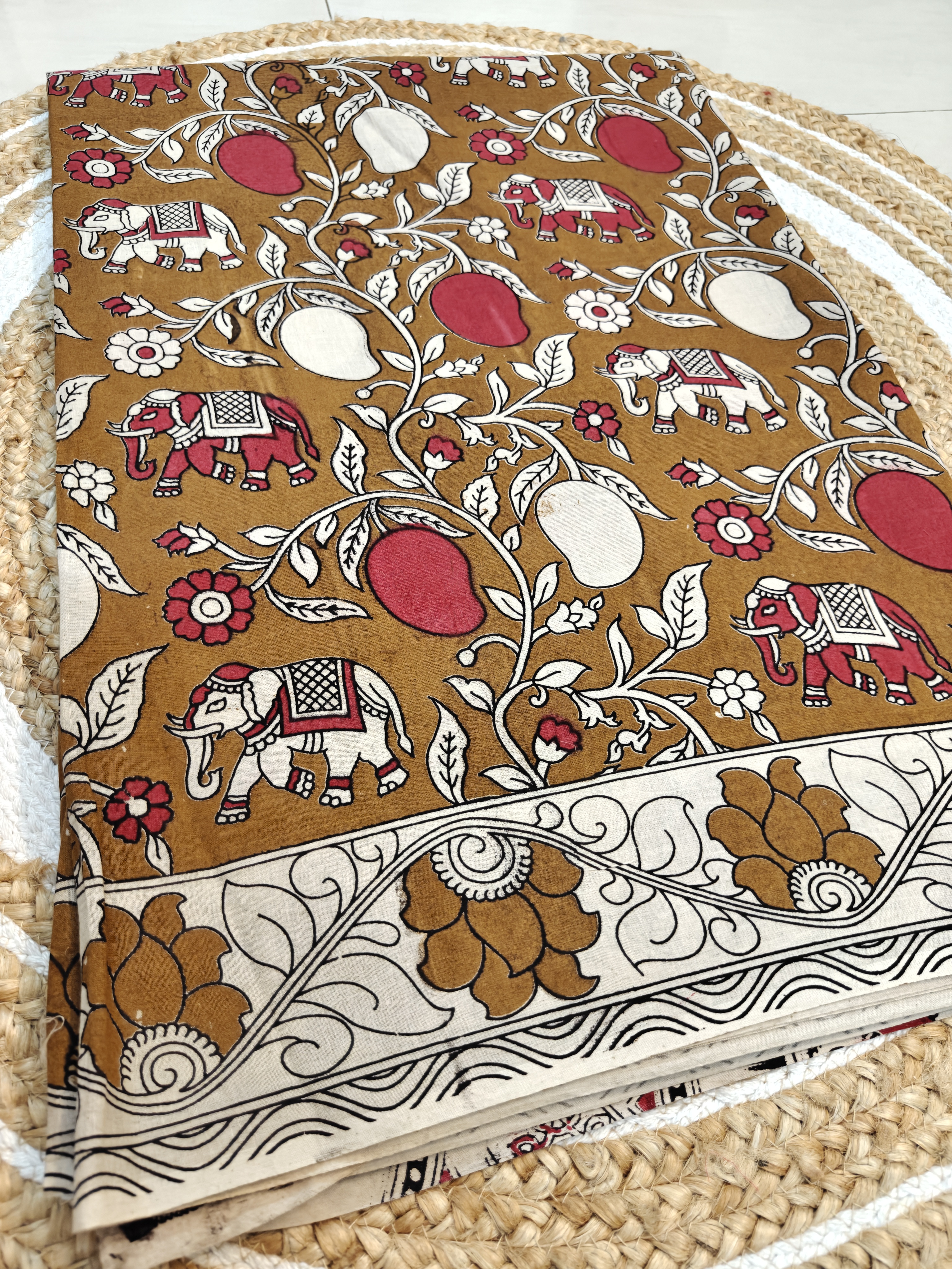 Royal Kalamkari Saree – Elephant & Mango Motif Heritage Print