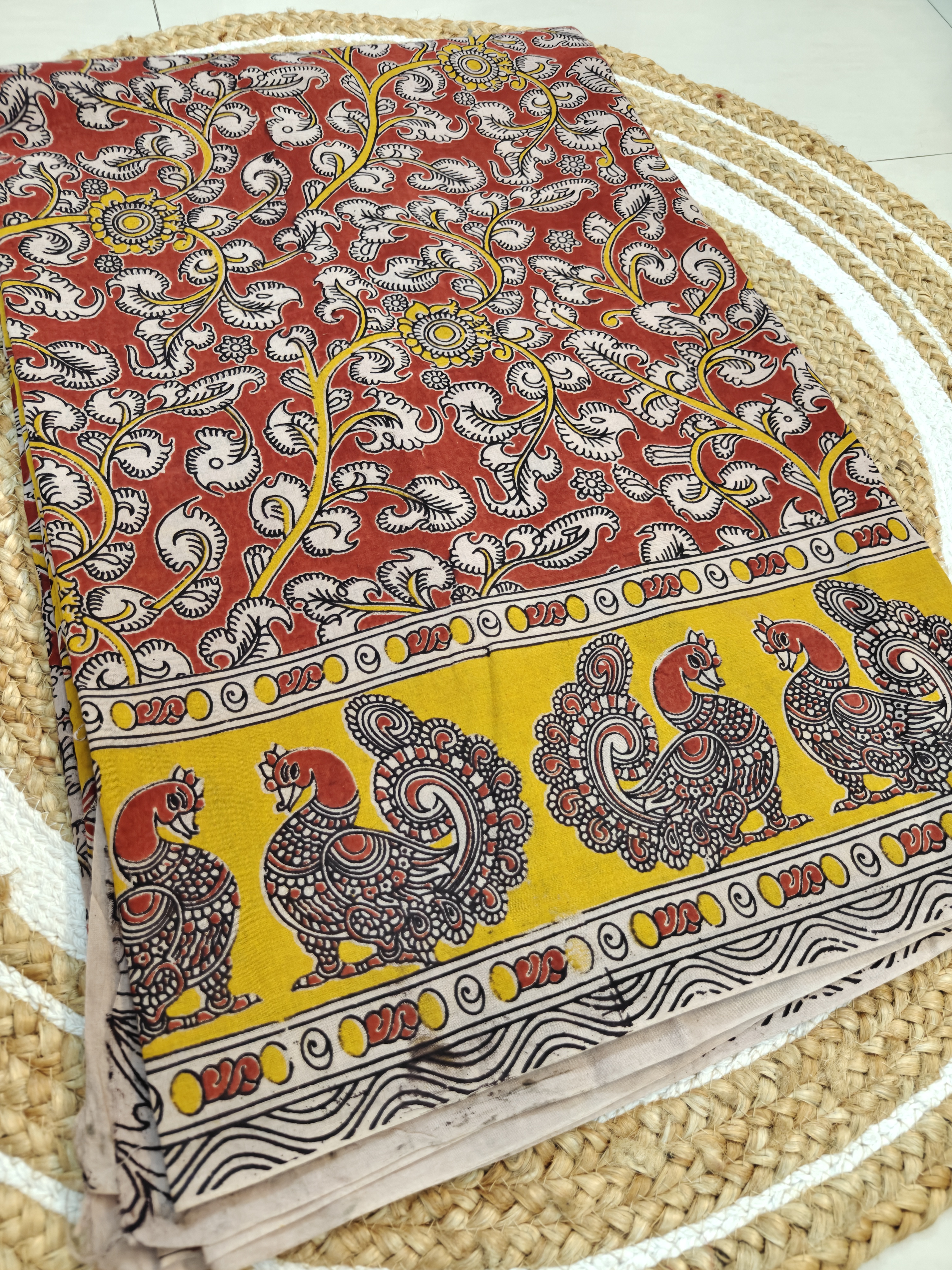 Royal Peacock Kalamkari Saree – Floral Heritage Print