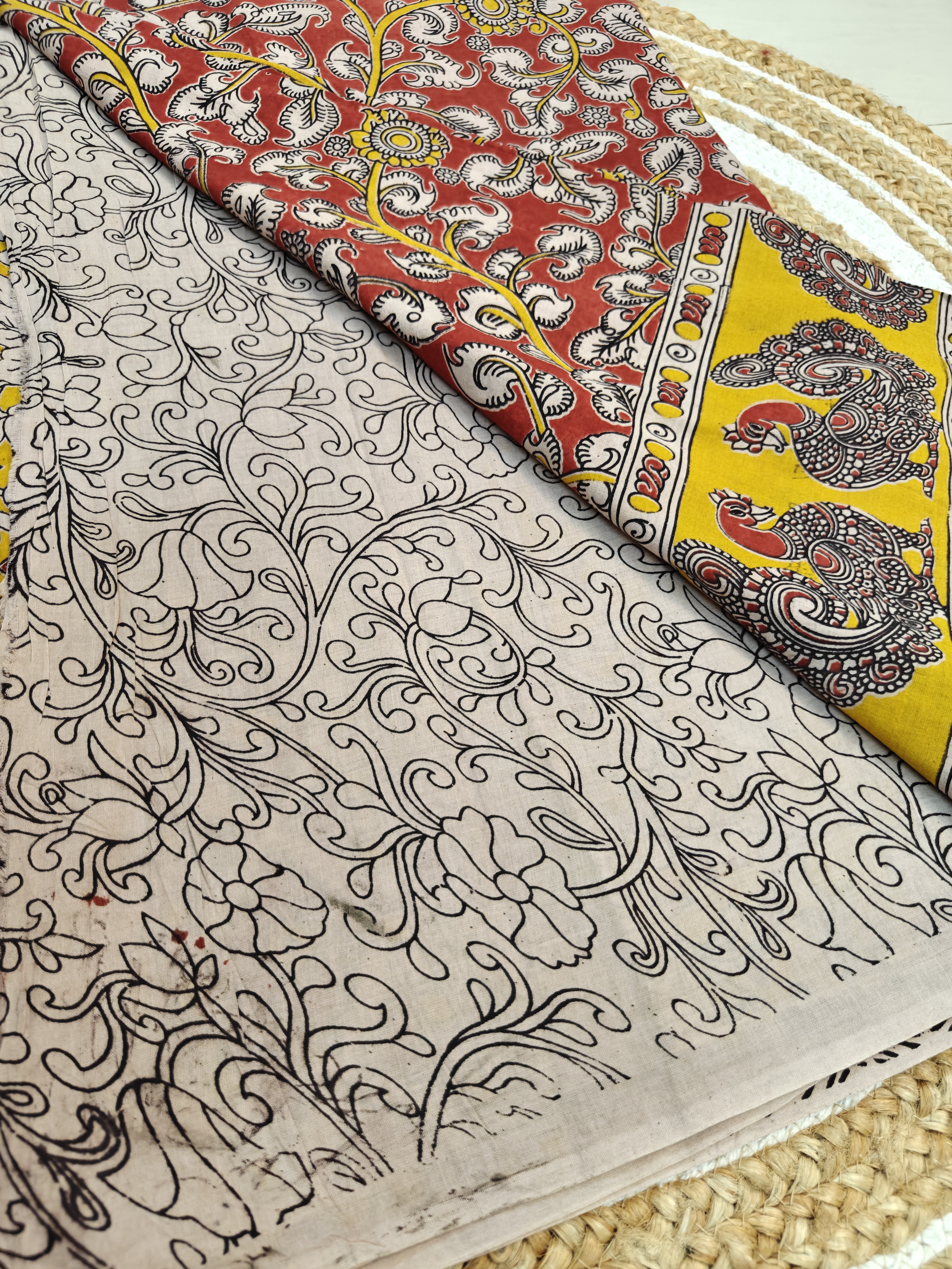 Royal Peacock Kalamkari Saree – Floral Heritage Print