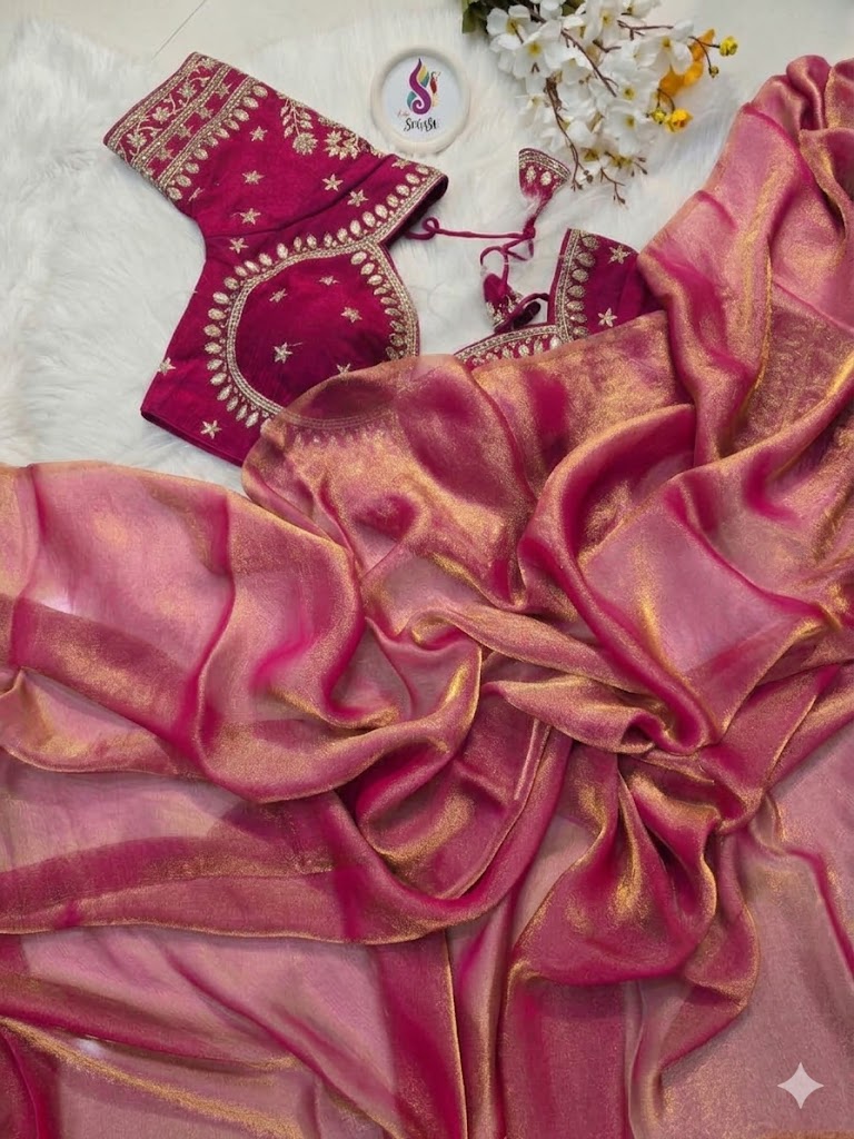 Space Silk Saree with Stitched Designer Blouse – Pink Gold